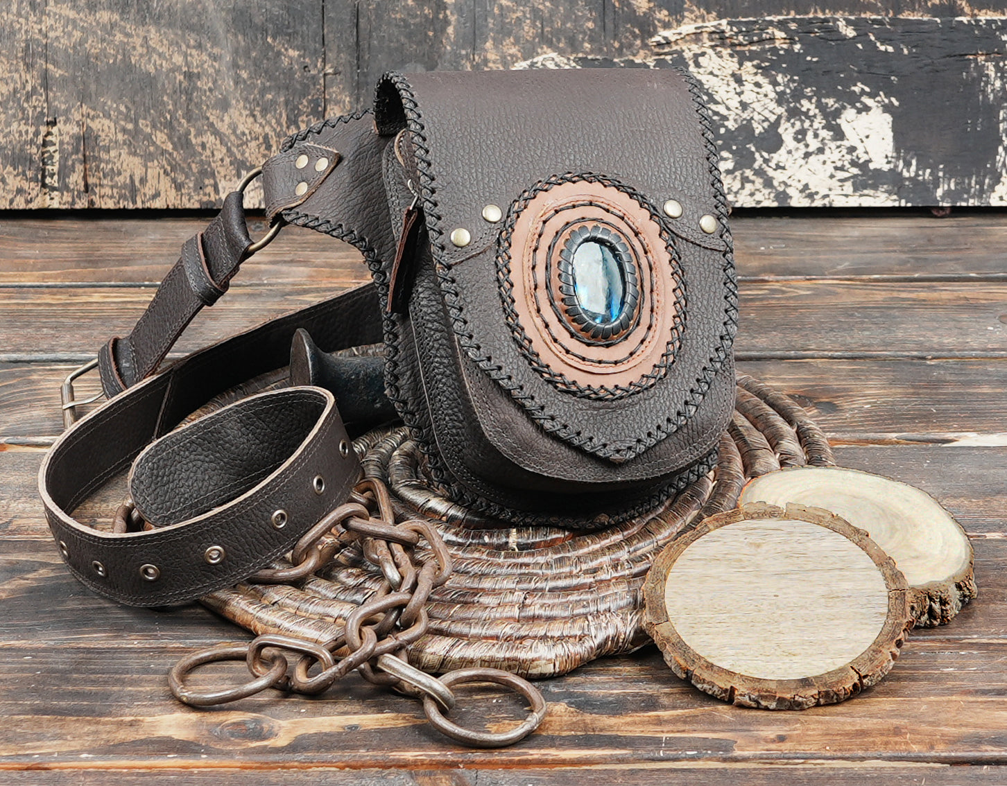 Handmade Leather Waist Belt with Front Pouch and Stone Detail || Leather Waist Belt Bag with Metal Hardware || Handmade Leather Waist Belt for Travel and Festivals (LT/AB/WB/6191)