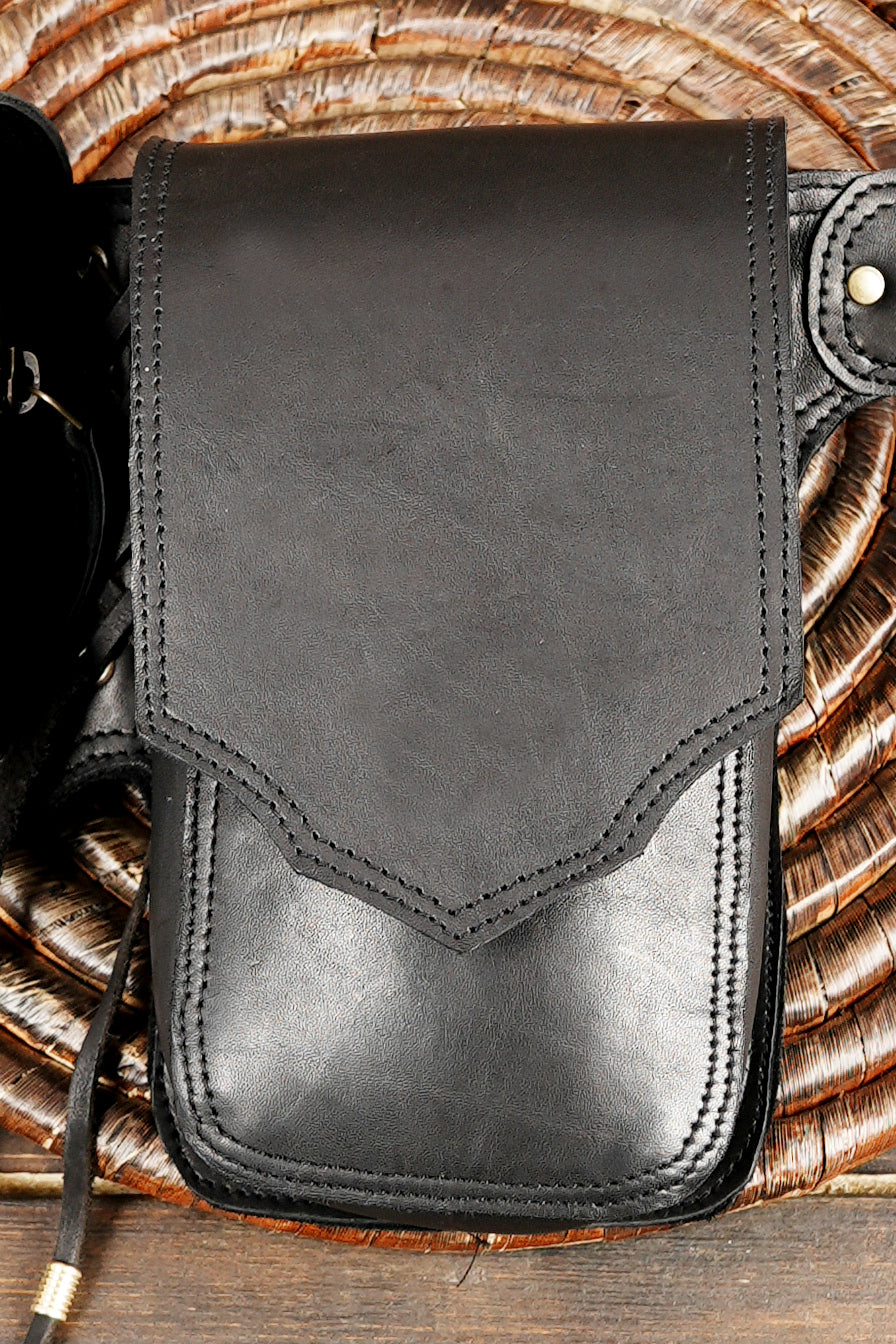 Black Leather Utility Hip Belt with Stone Accents and Brass Hardware