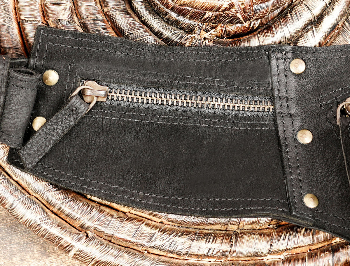 Black leather waist purse with multiple zipper pockets