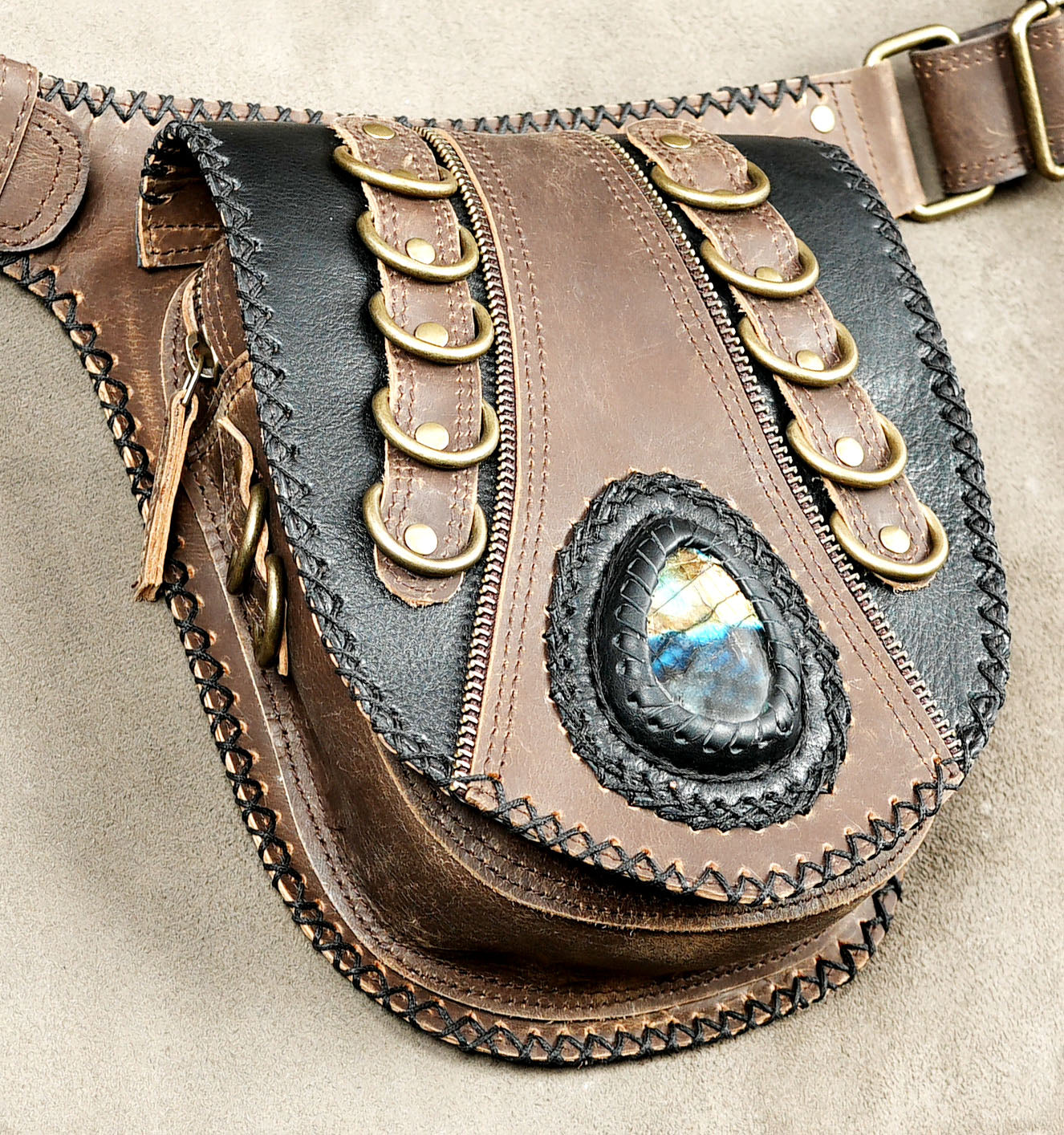 Brown Leather Waist Belt Bag Labradorite Stone Festival Hip Pouch Antique Brass