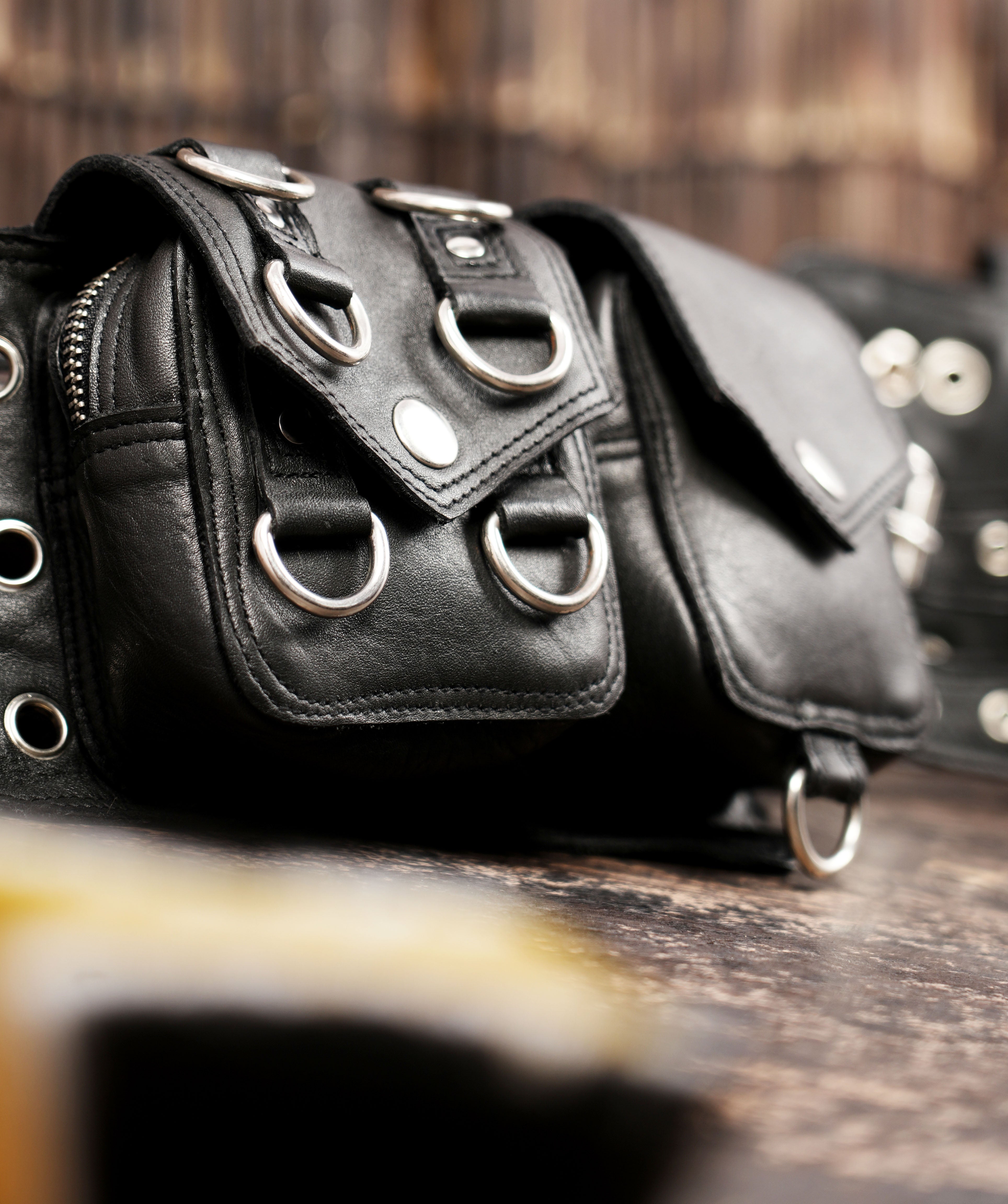 black leather waist belt with pouches