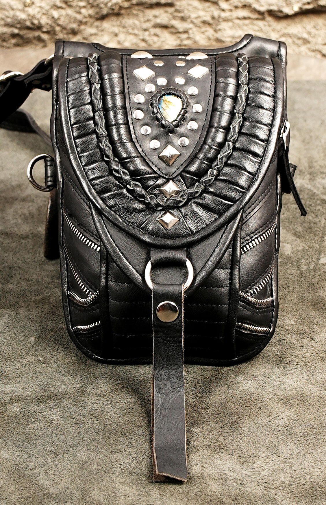 Black studded leather double holster bag