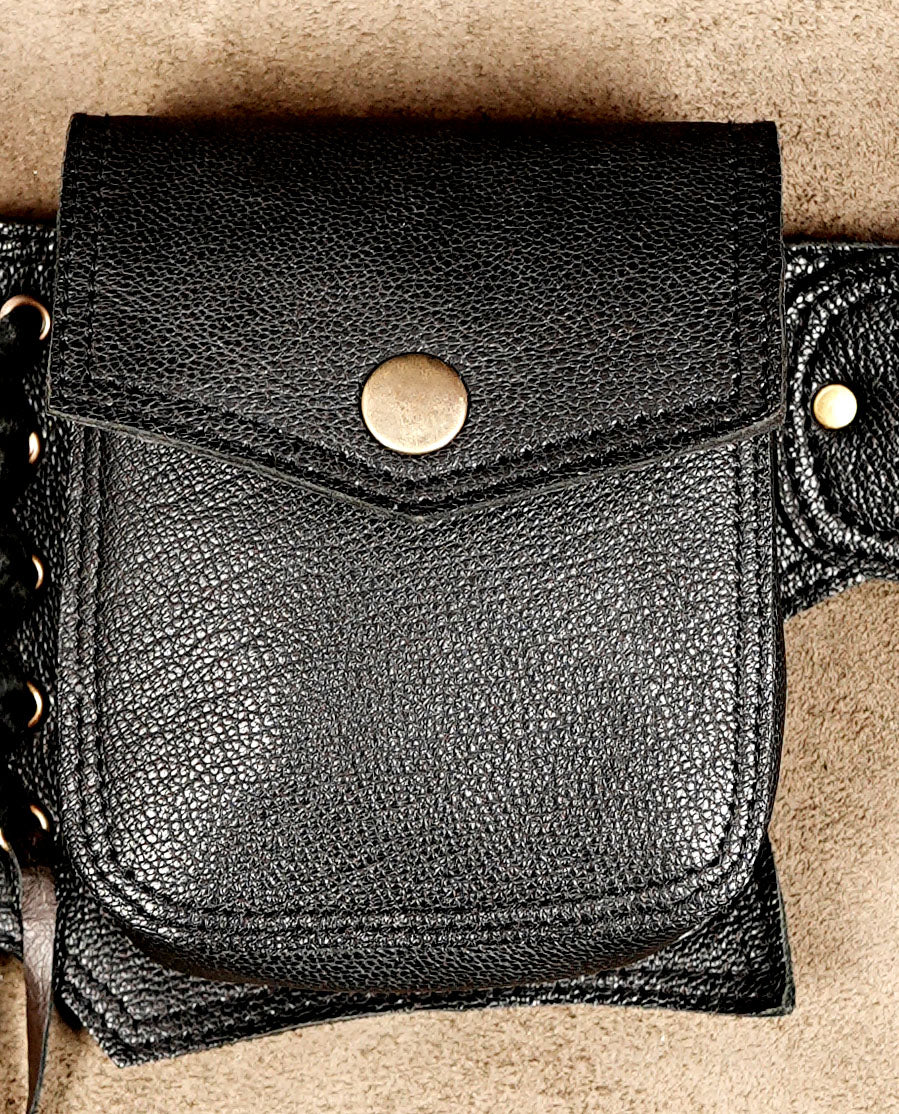 Handmade Leather Utility Waist Belt with Multiple Pockets – Five Pocket Festival Belt with Fringe Ties, Adjustable Hip Belt for Unisex