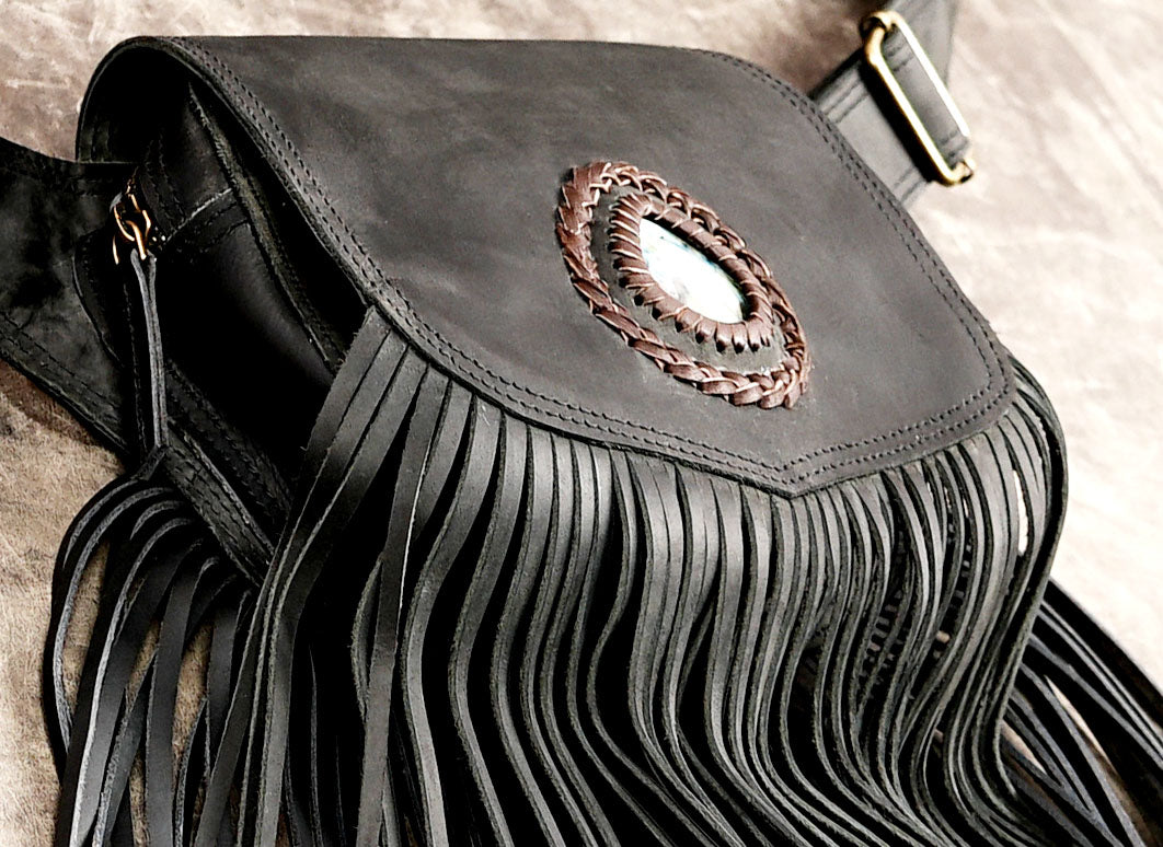 Genuine leather waist pouch with natural Labradorite stone and adjustable belt.