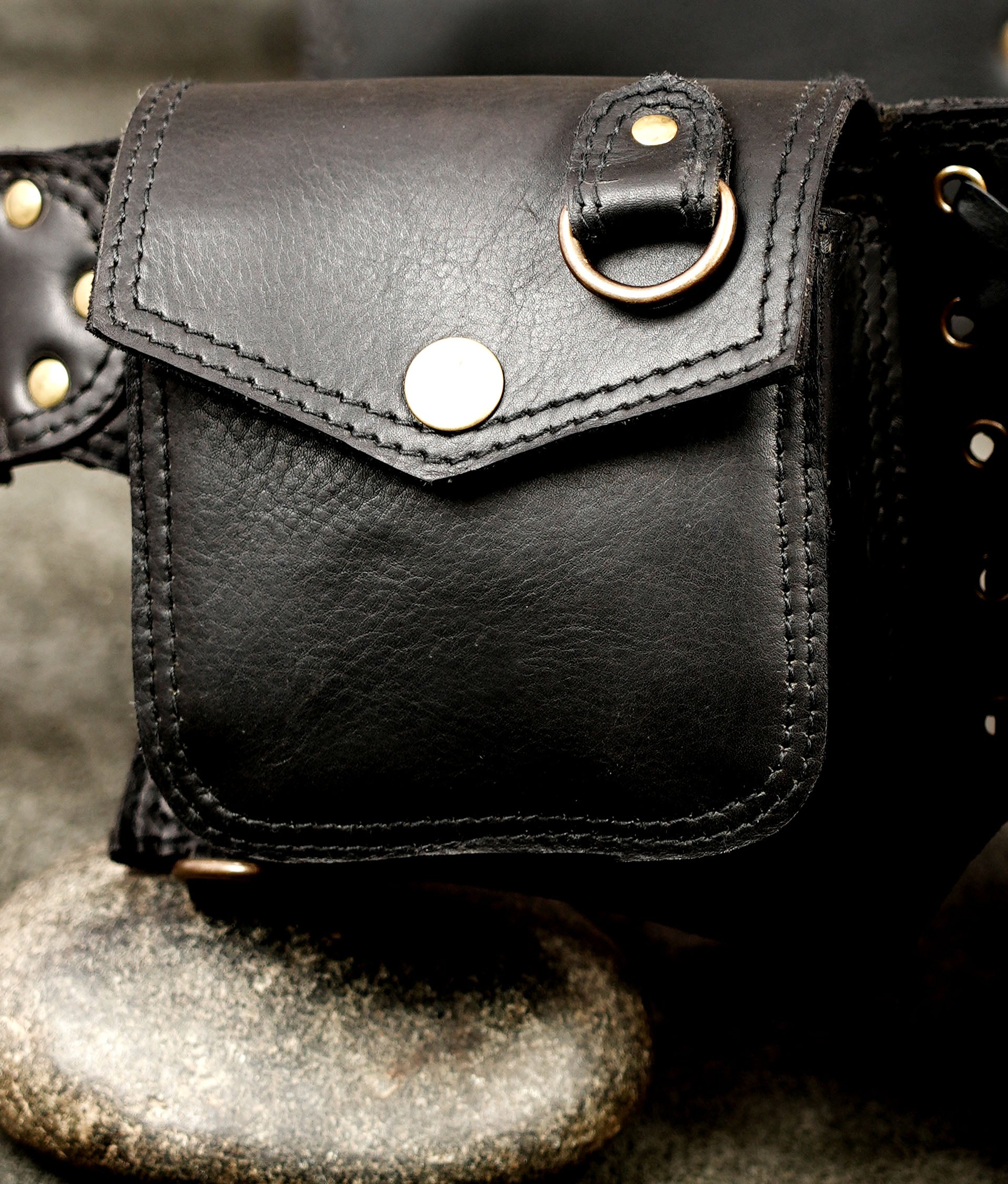 Black leather festival belt with front pocket and side pouches