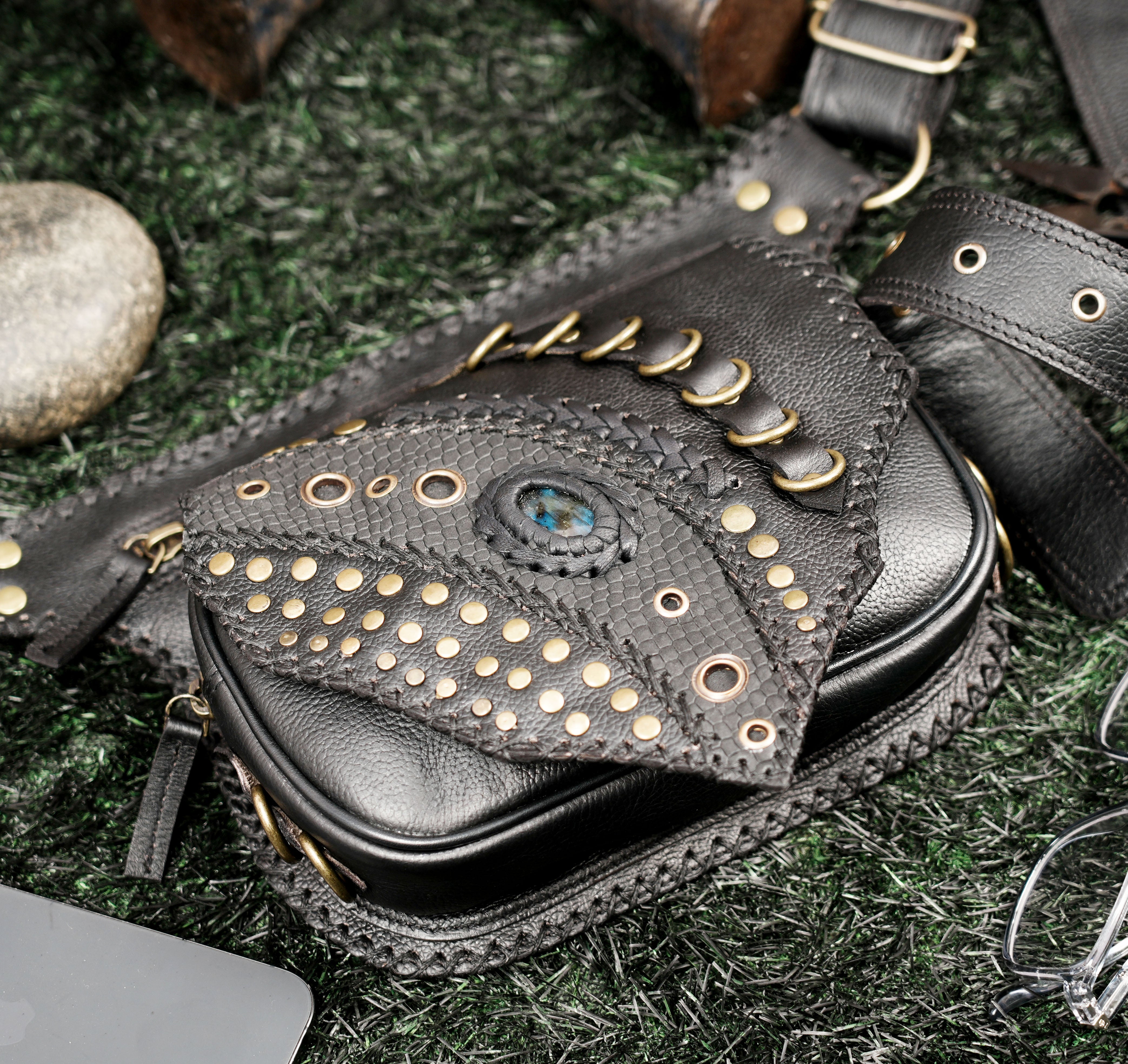 Artisan handmade leather fanny pack with unique flap design