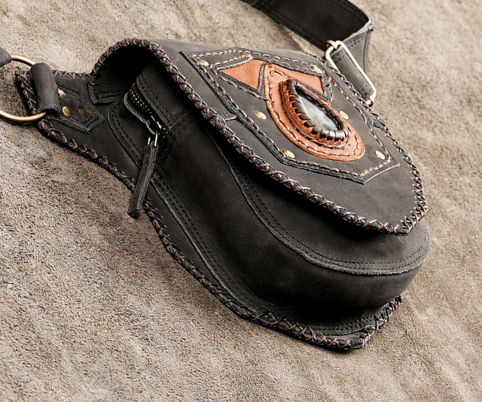 Steampunk festival leather waist bag in black and brown