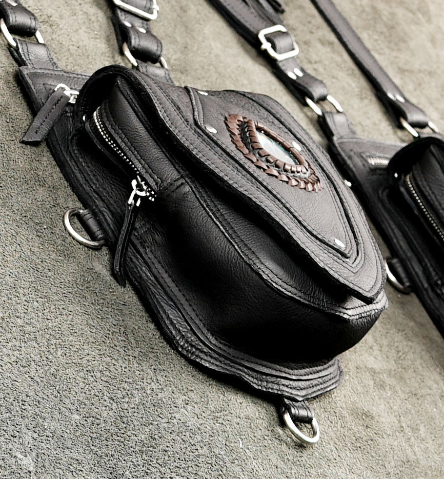 Boho festival harness with leather fringe and double zippered hip pouches