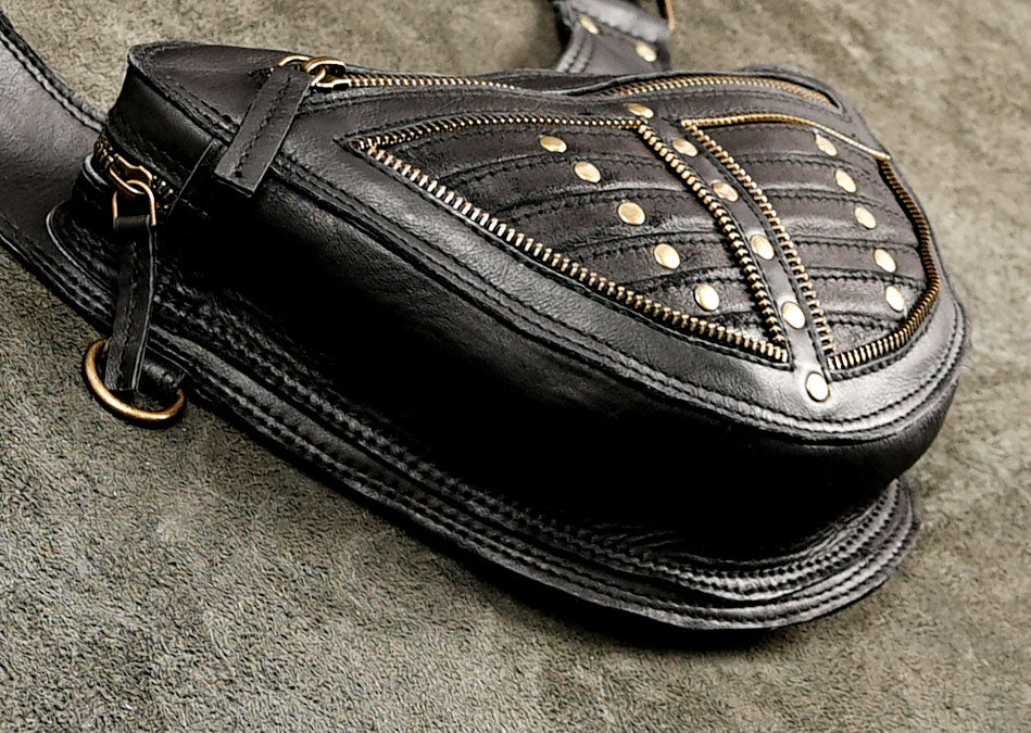 Black leather utility harness with two secure zipper compartments