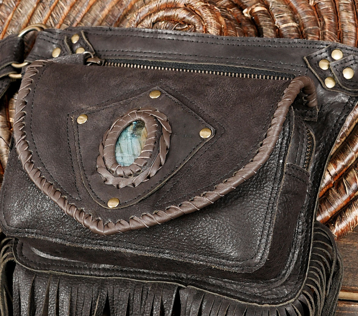 Handmade Leather Fringe Belt Bag, Black Western Waist Belt, Boho Hip Pouch, Stone Accent, Festival Wear