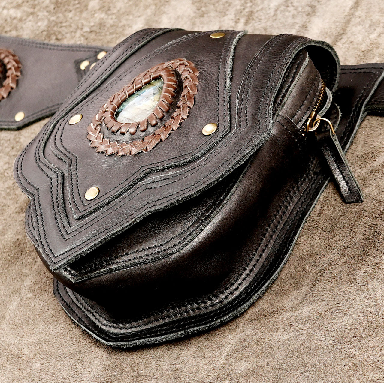 Handmade leather belt bag with two storage pockets