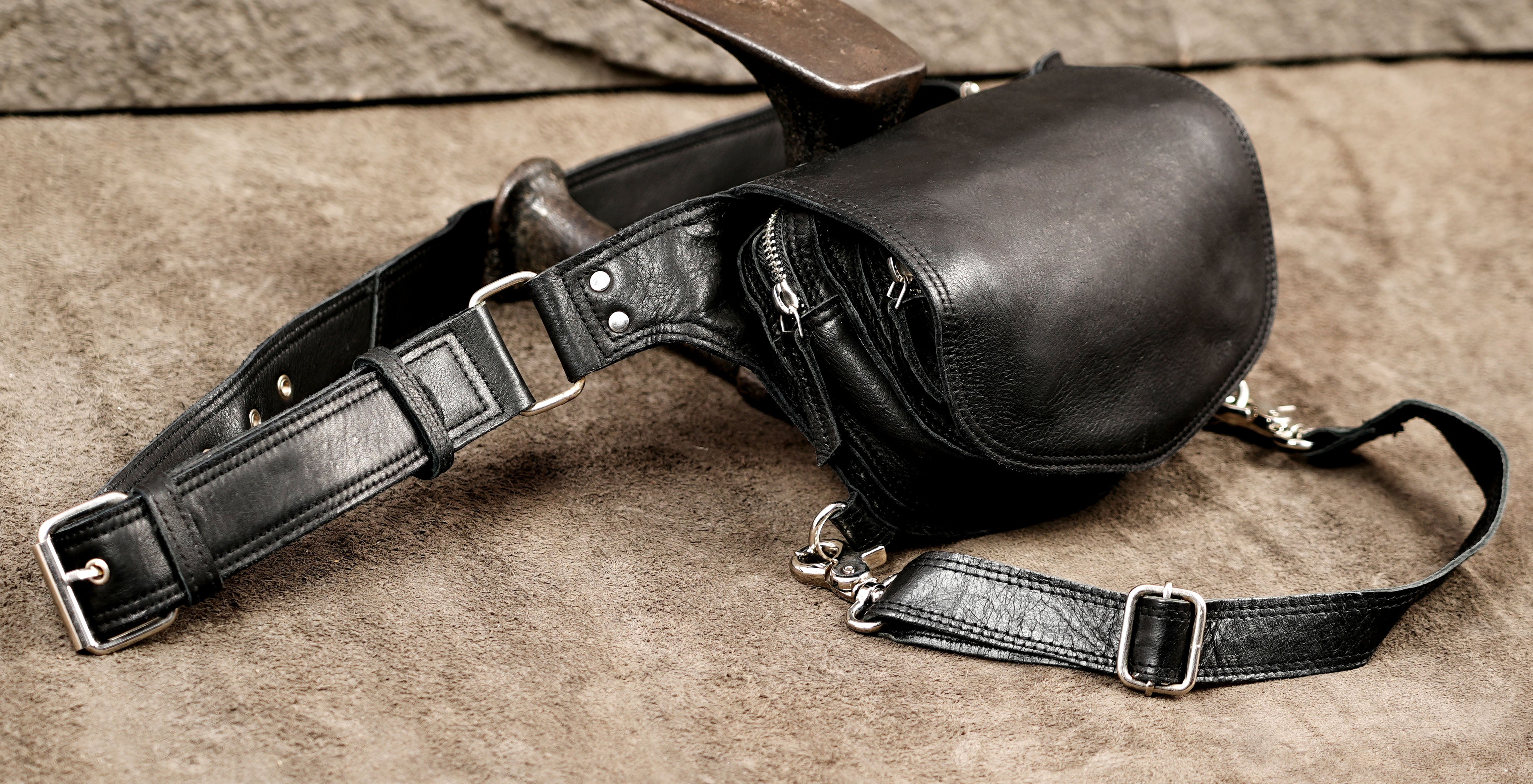 Handcrafted leather drop leg pouch built for weekend concerts, desert festivals, and street style