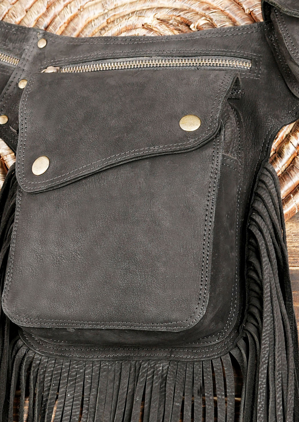 Black leather festival fanny pack with brass-tone hardware