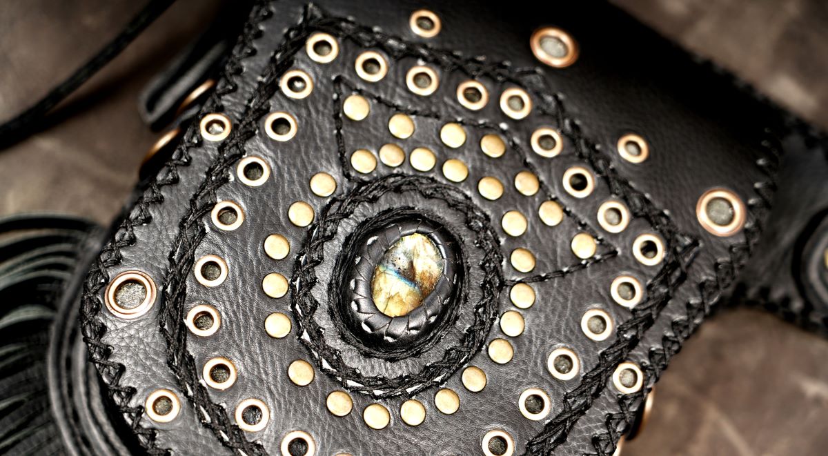 Black Leather Fringe Belt Bag with Natural Stone, Studded Front Pocket, Antique Brass Hardware, Boho Festival Belt