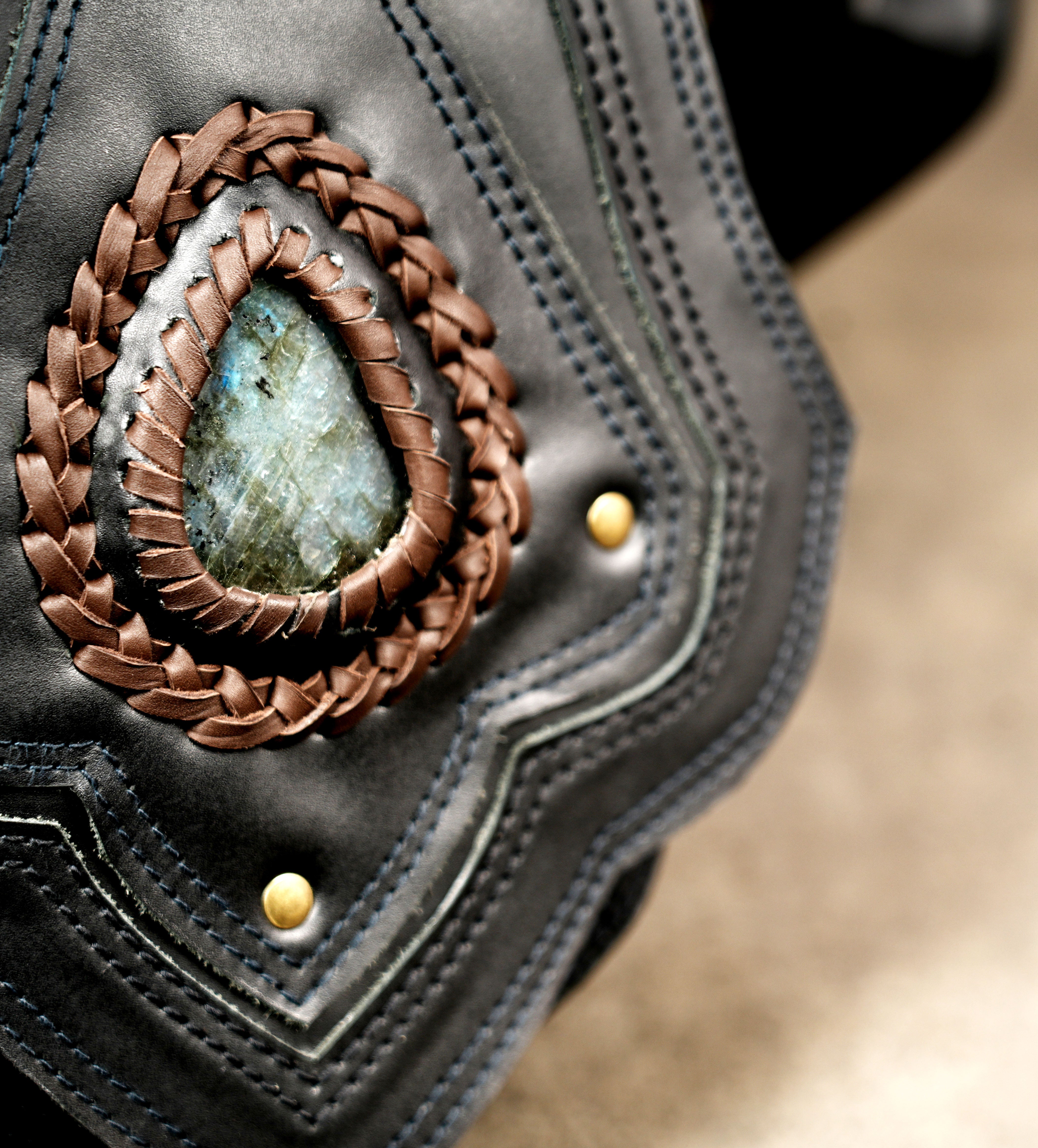 Black leather festival belt with natural stone centerpiece