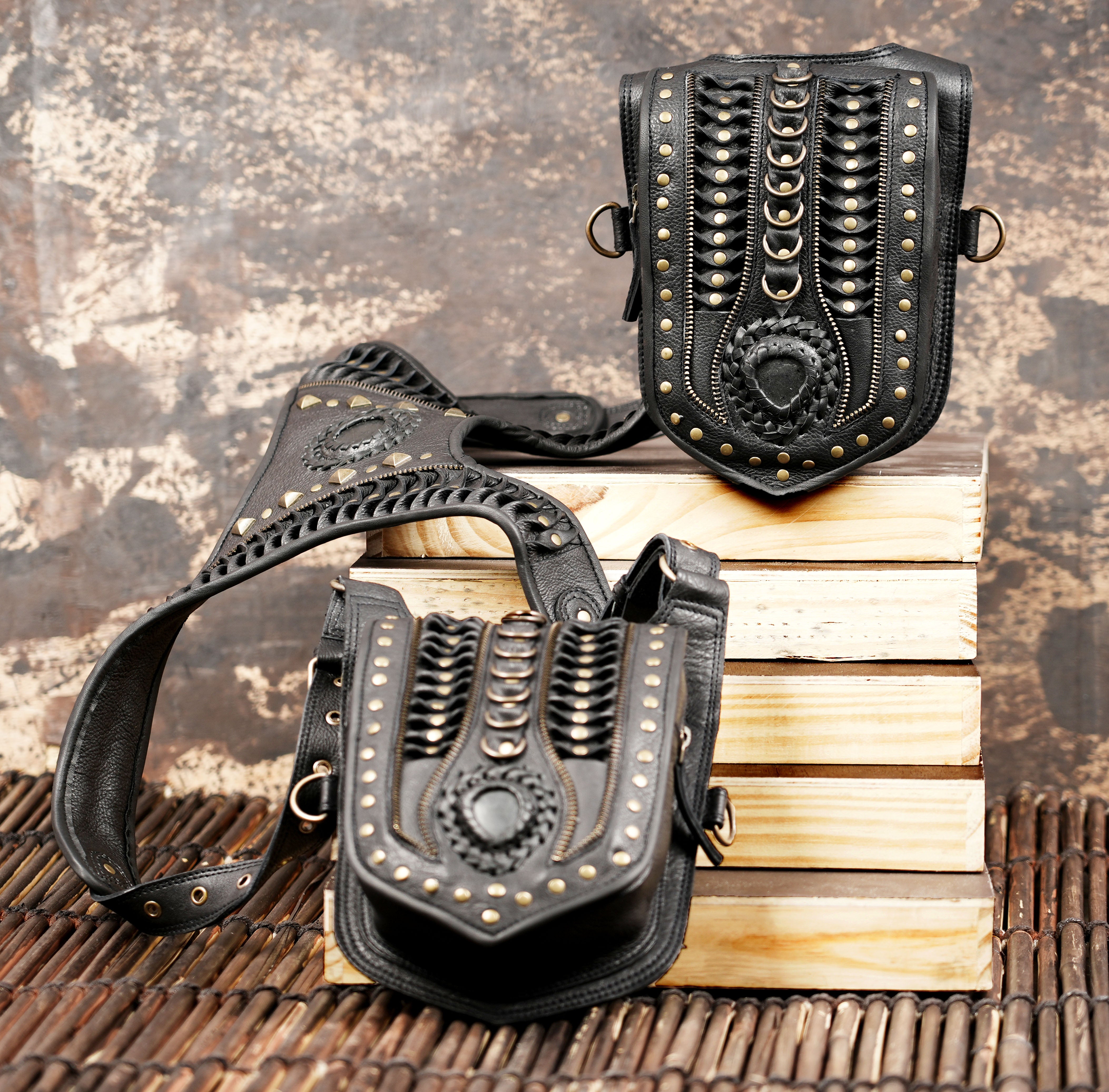 Handmade Black Leather Shoulder Holster Harness with Dual Utility Pouches | Adjustable Chest Rig | Gothic Steampunk Leather Holster (LT/AB/HLS/6053)