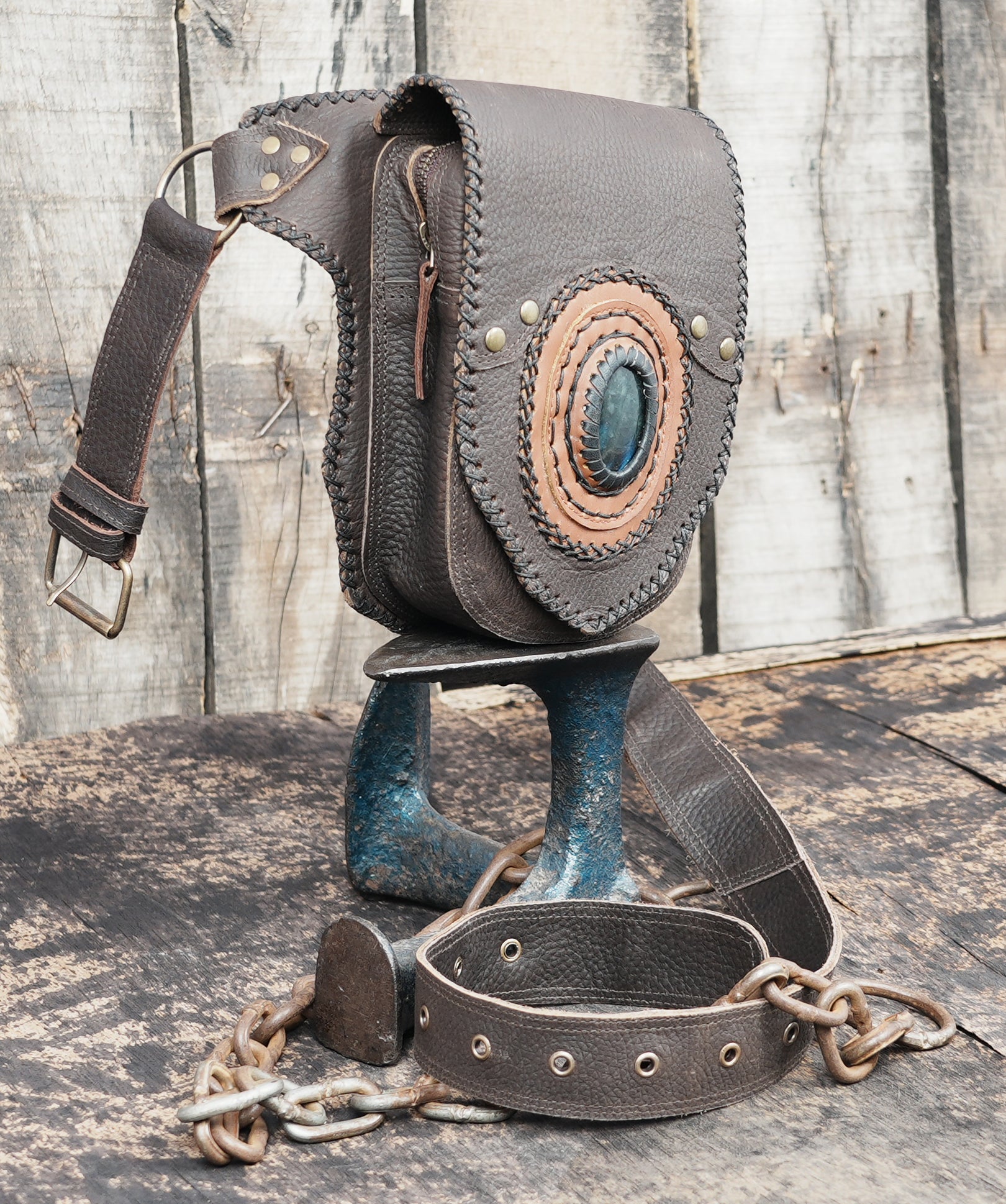 Handmade Leather Waist Belt with Front Pouch and Stone Detail || Leather Waist Belt Bag with Metal Hardware || Handmade Leather Waist Belt for Travel and Festivals (LT/AB/WB/6191)