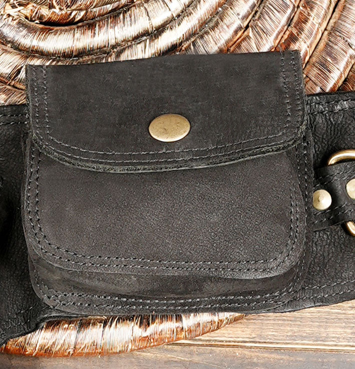 Festival-ready black leather belt bag with multiple pockets