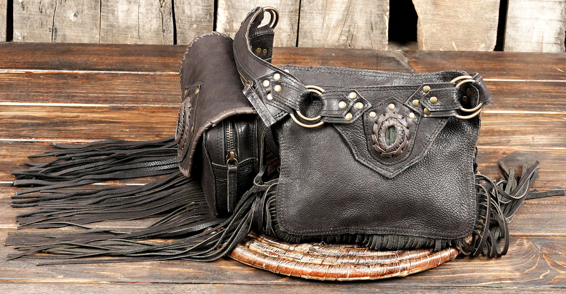 Handmade Leather Fringe Belt Bag, Black Western Waist Belt, Boho Hip Pouch, Stone Accent, Festival Wear