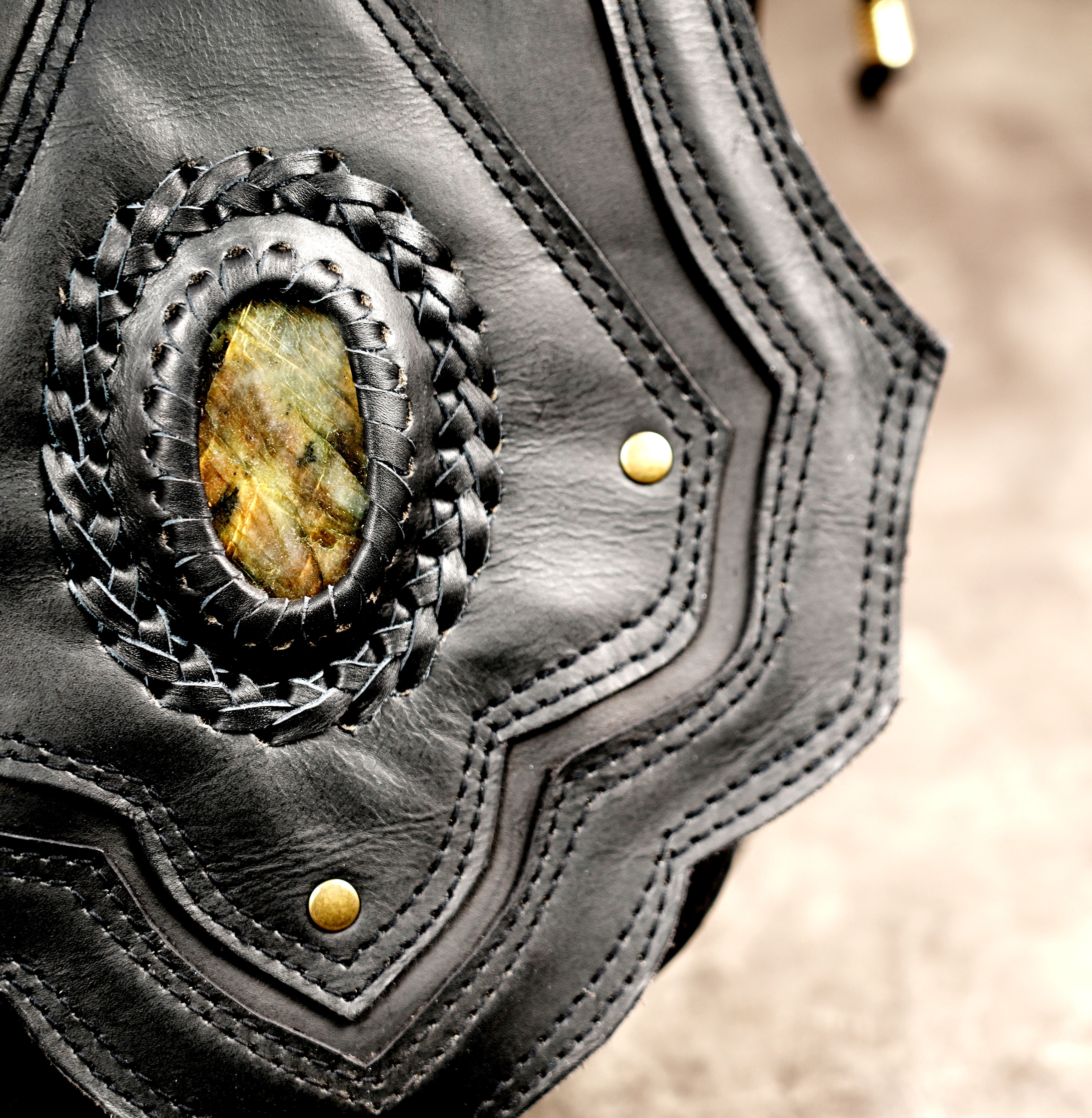 Handmade leather festival waist pouch with stones