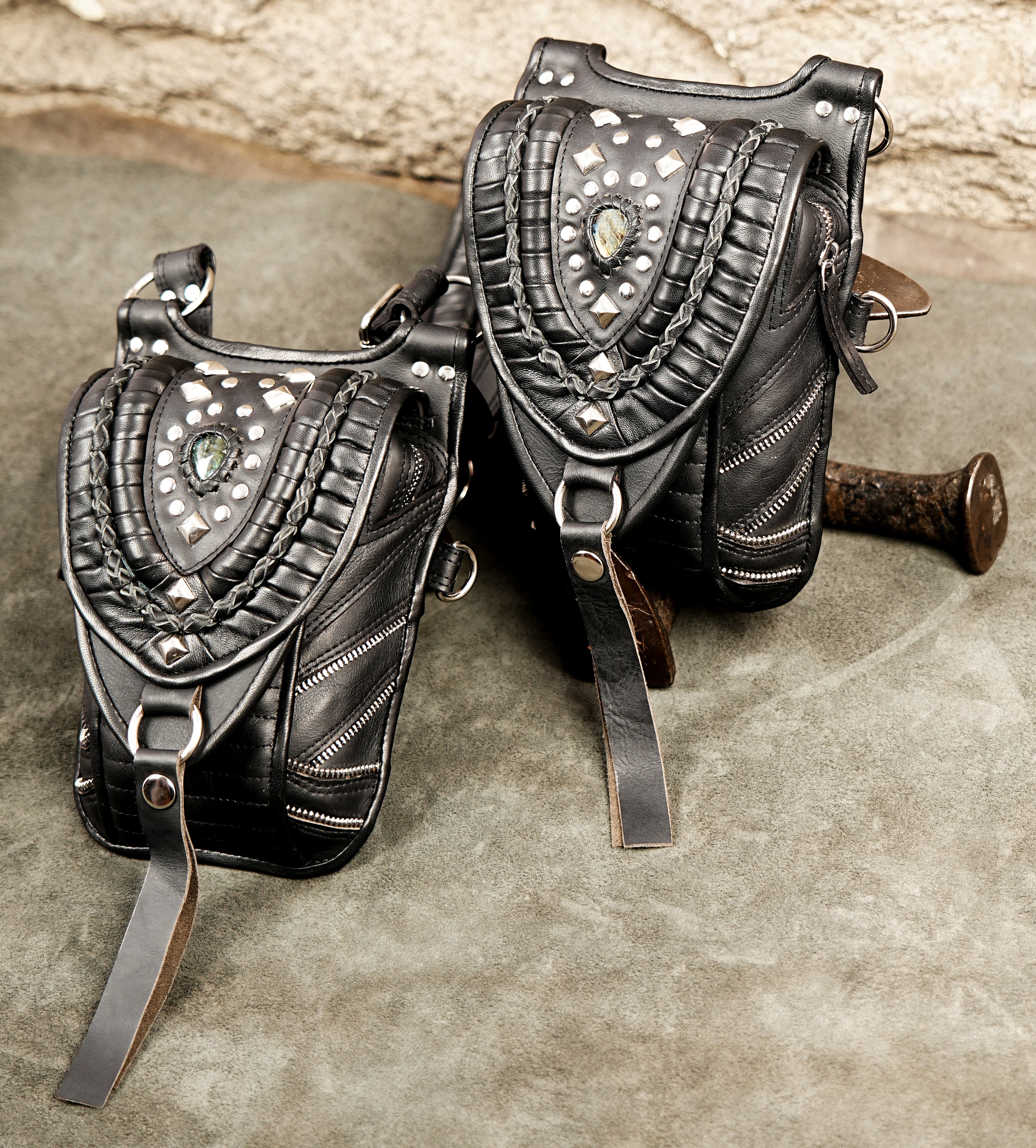 Gothic style black leather utility harness with double thigh hip bags