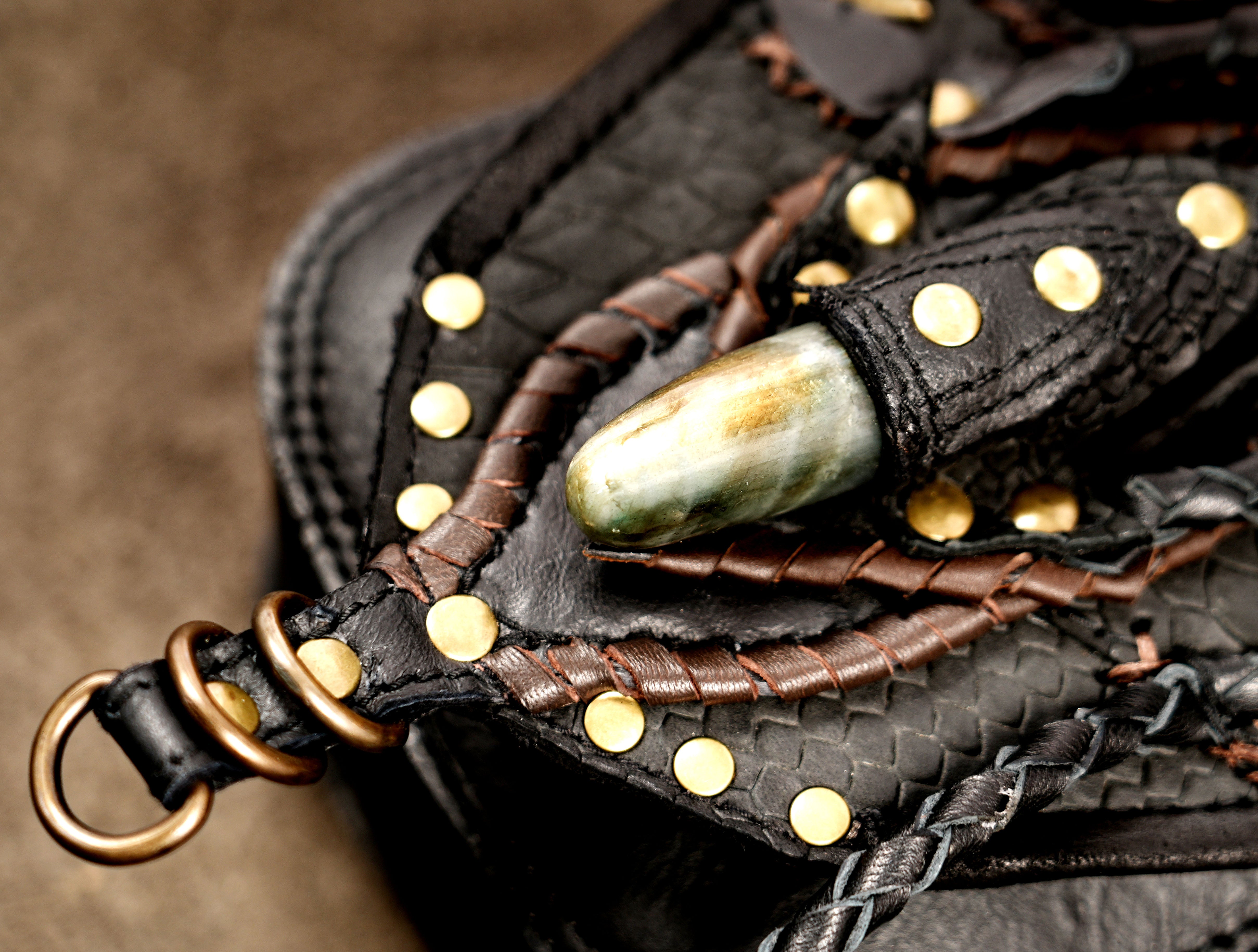 Black leather utility belt pouch with natural Labradorite gemstone