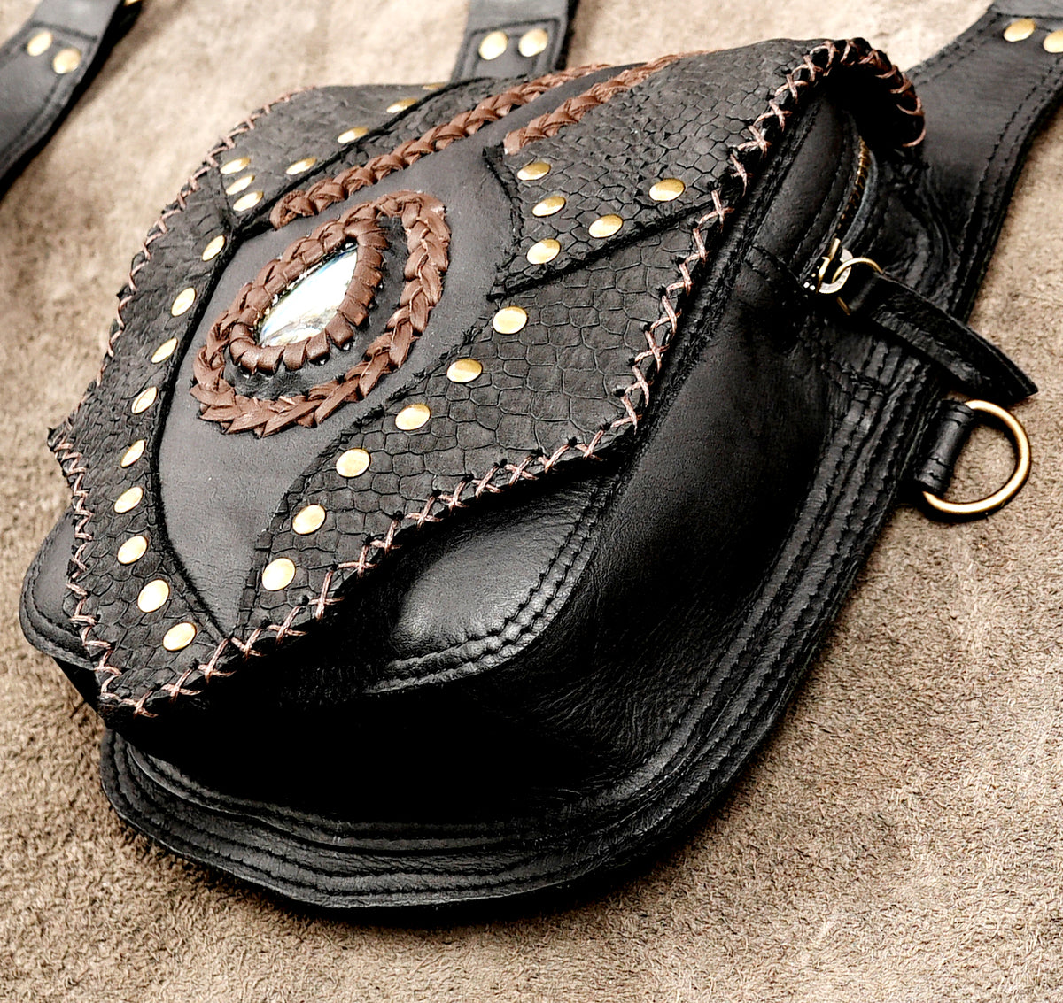Gothic leather shoulder holster with decorative Labradorite gemstone