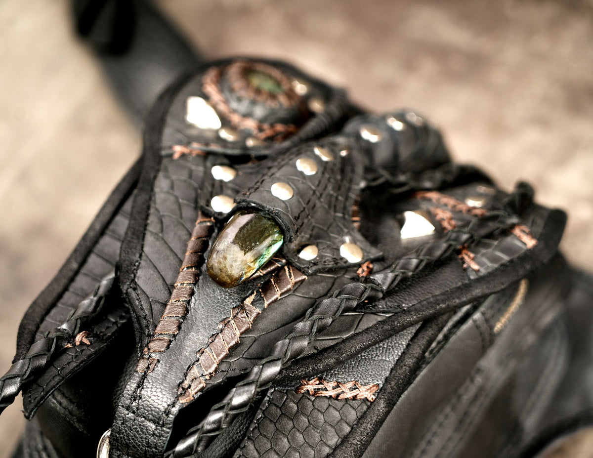 Multi-pocket black leather biker thigh bag and waist belt