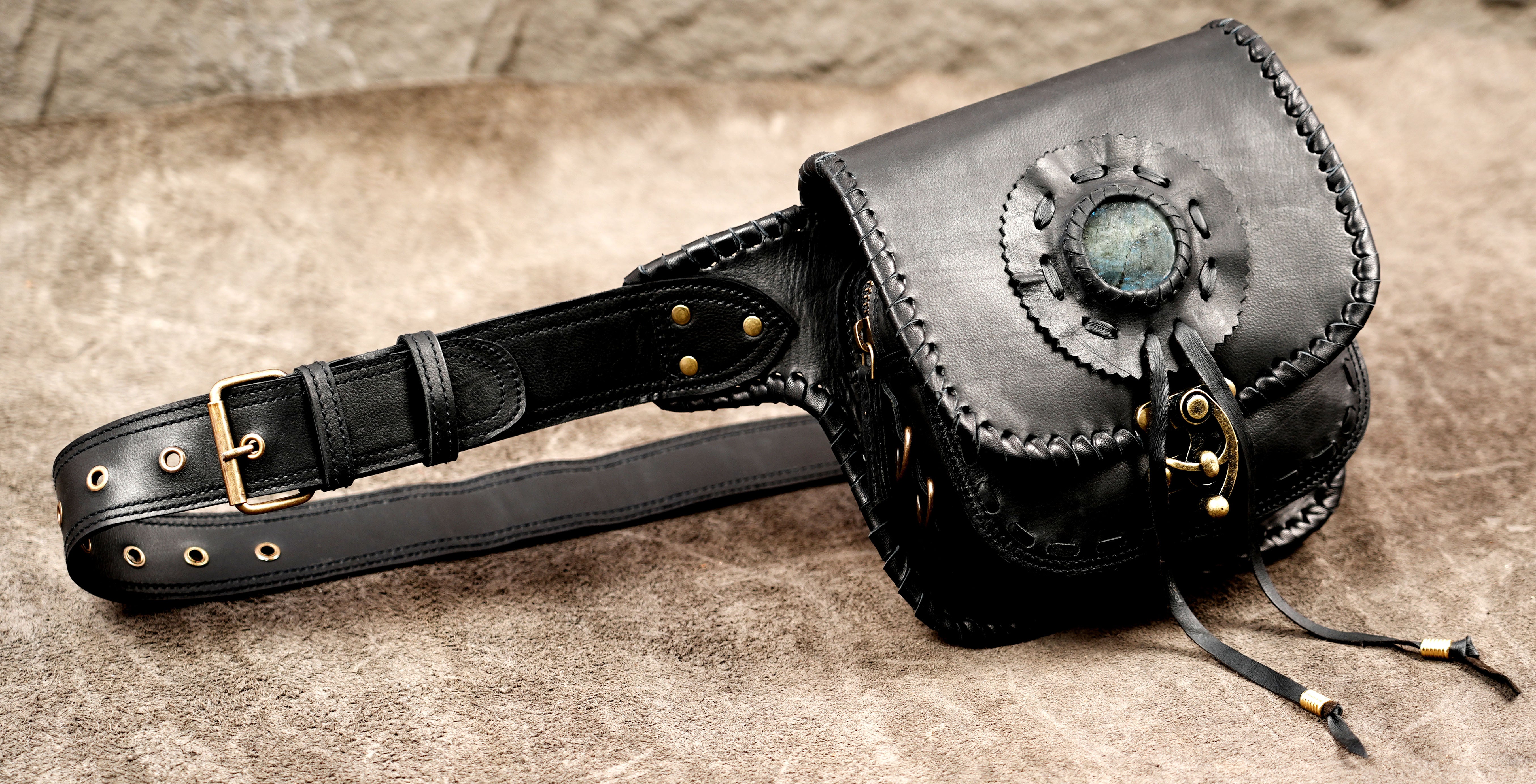 Black leather crossbody waist pouch