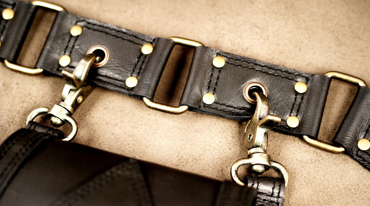 Black leather utility belt with two detachable pouches and Natural Labradorite
