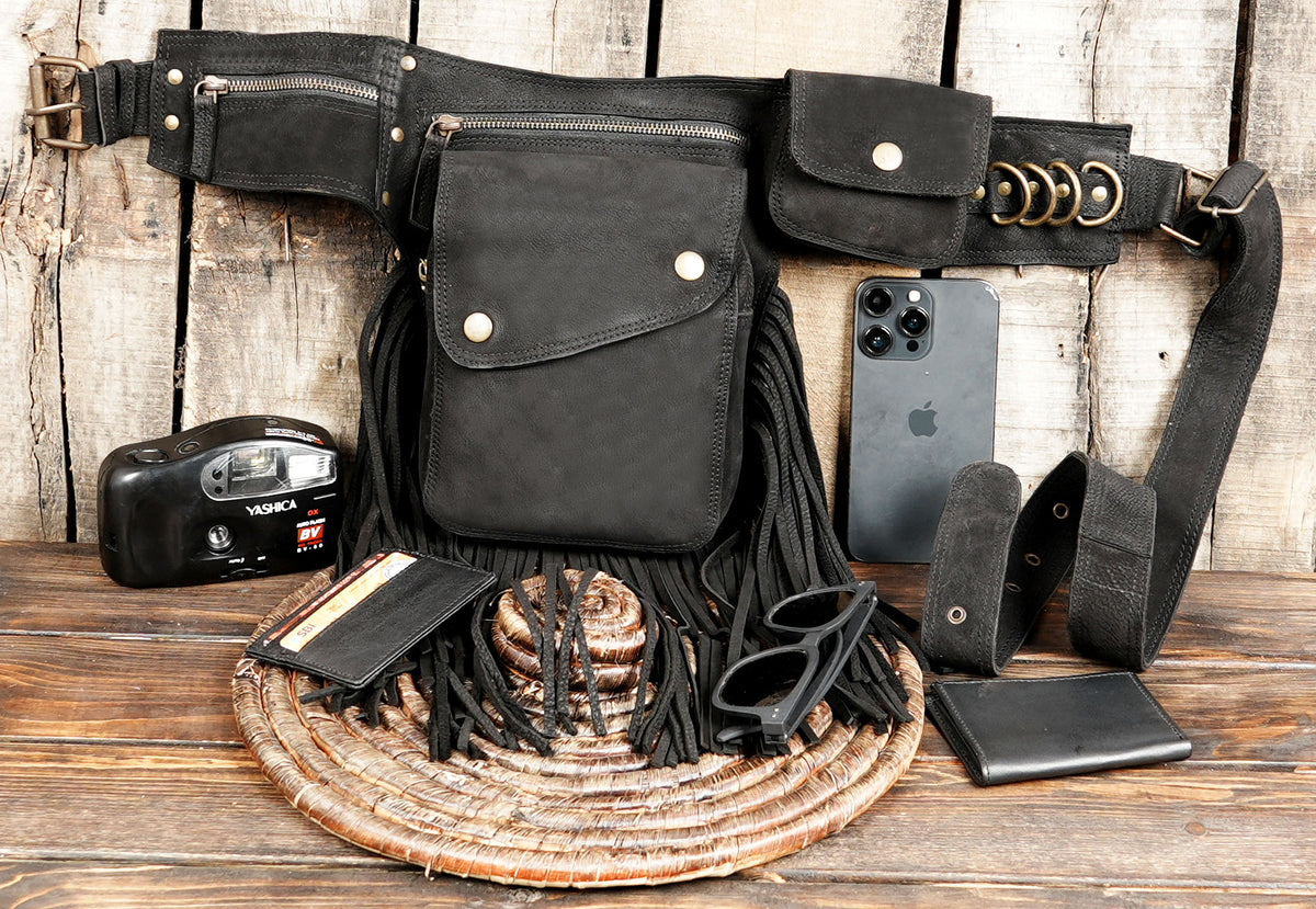 Front view of black leather boho festival fanny pack