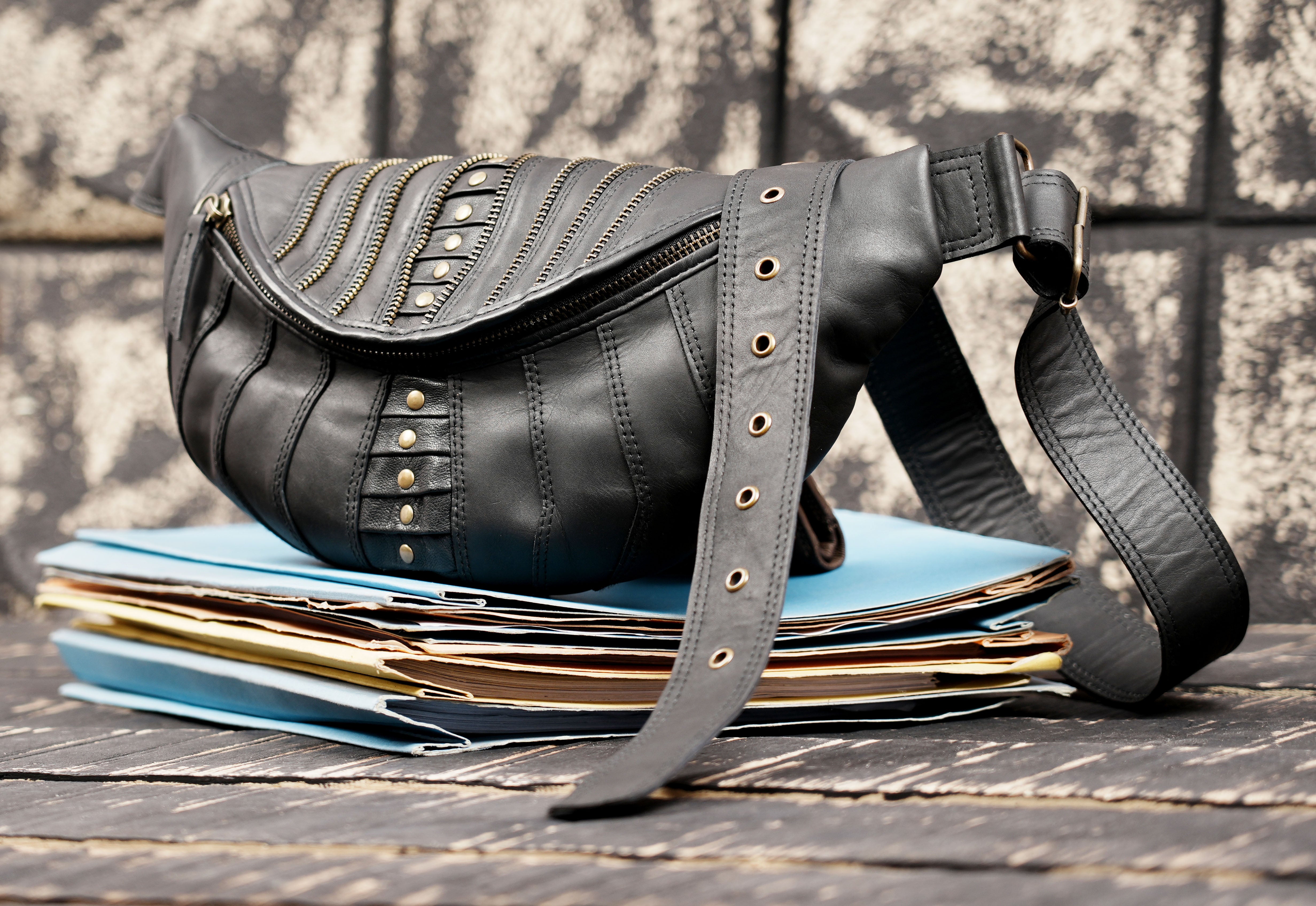 Handmade Black Leather Waist Shoulder Belt with Zipper Pouch || Leather Waist Shoulder Bag with Studded Detailing (LT/AB/SB/6011)