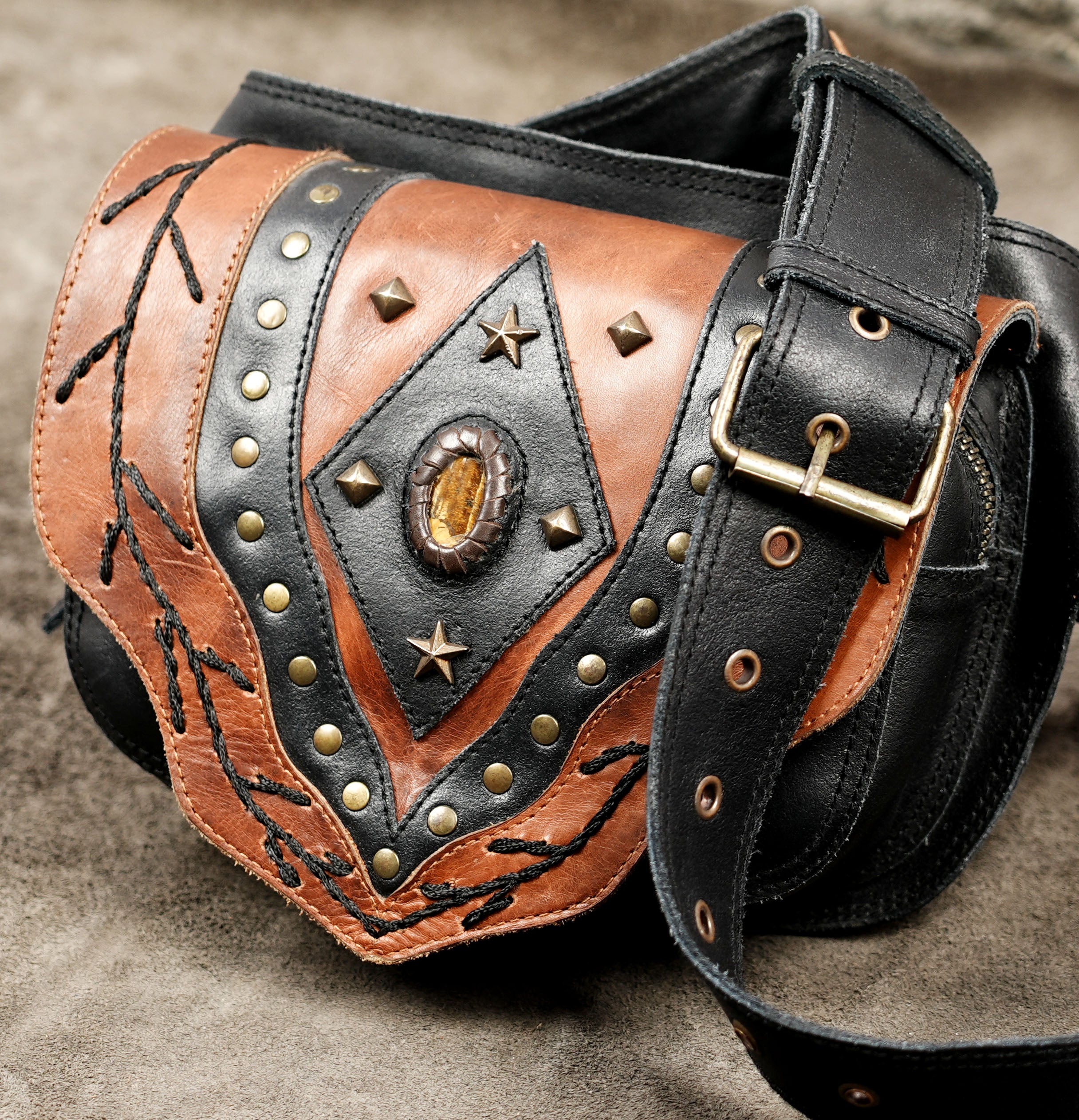 Western style leather utility belt bag with brass studs