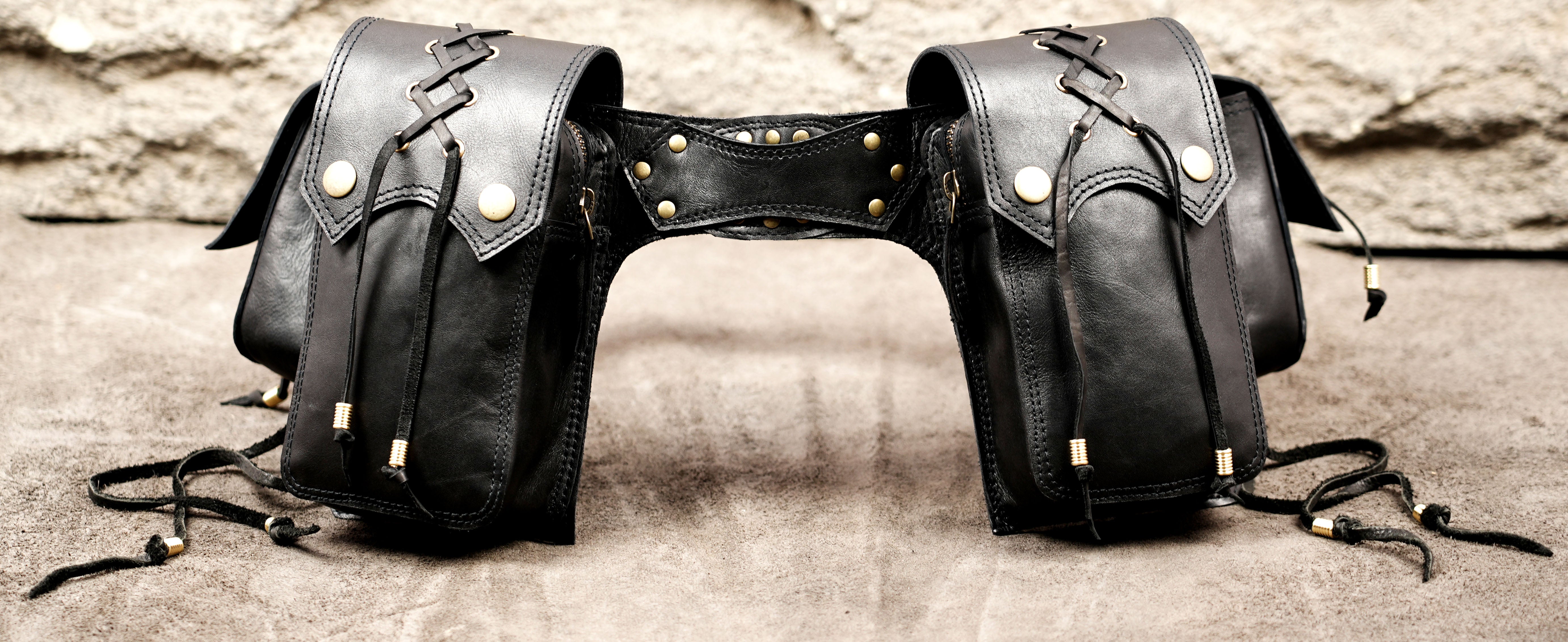 LARP leather utility belt with multiple pouches