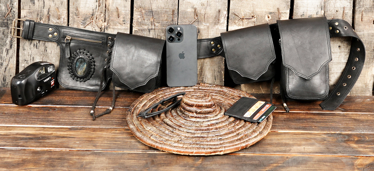 Black Leather Utility Hip Belt with Stone Accents and Brass Hardware
