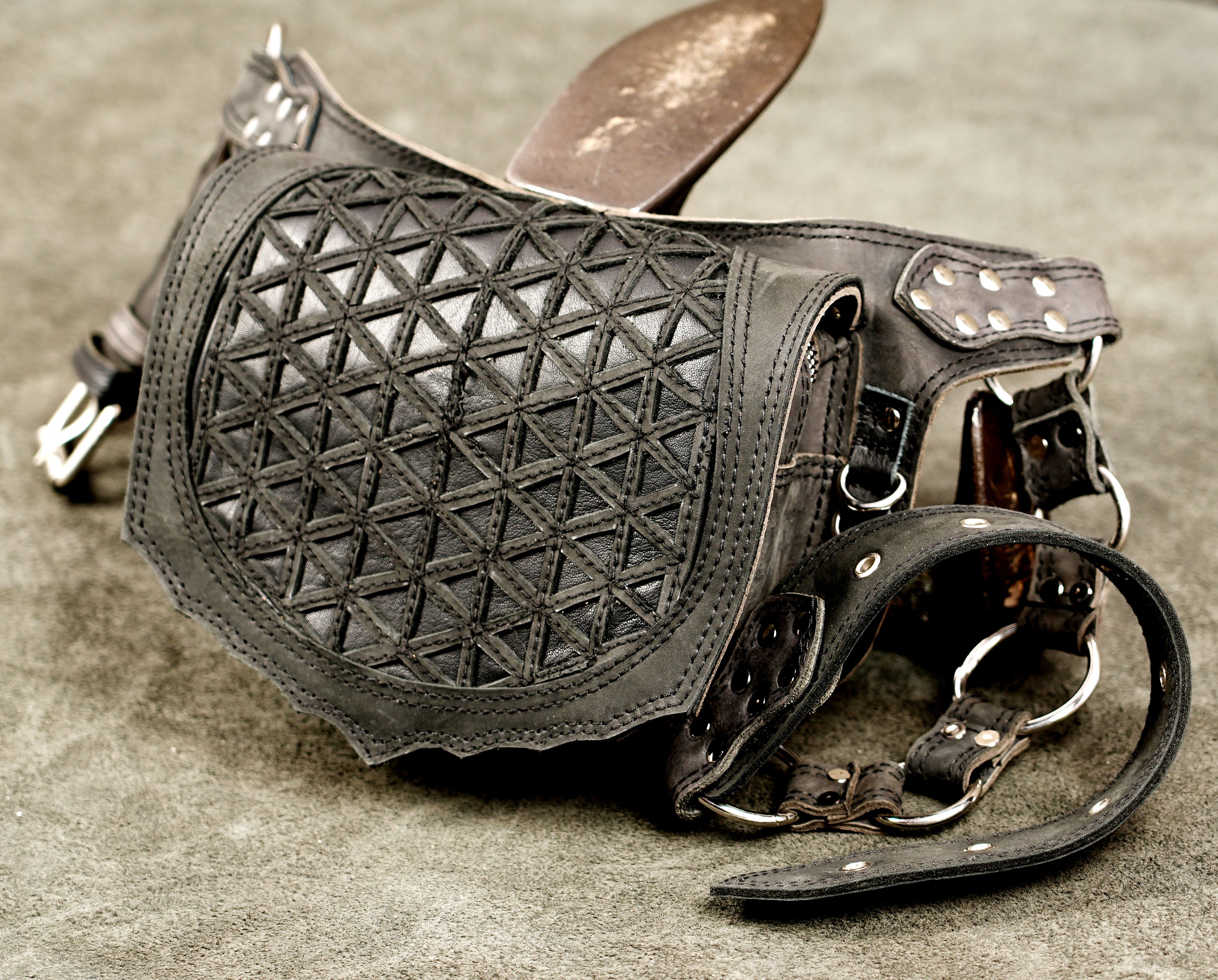 Genuine leather belt bag with embossed sacred geometry for festival fashion