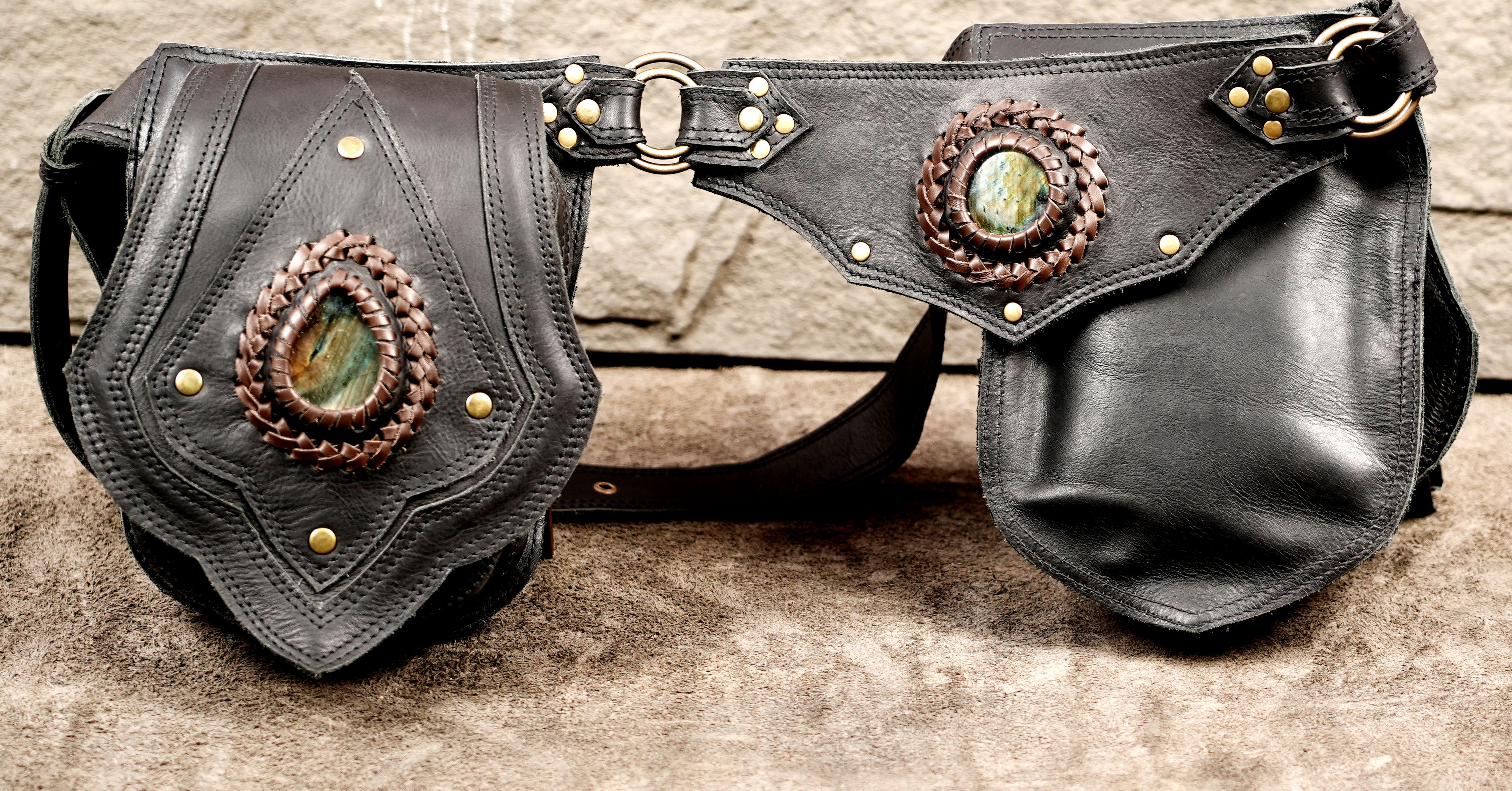 Boho leather waist bag with labradorite stone details