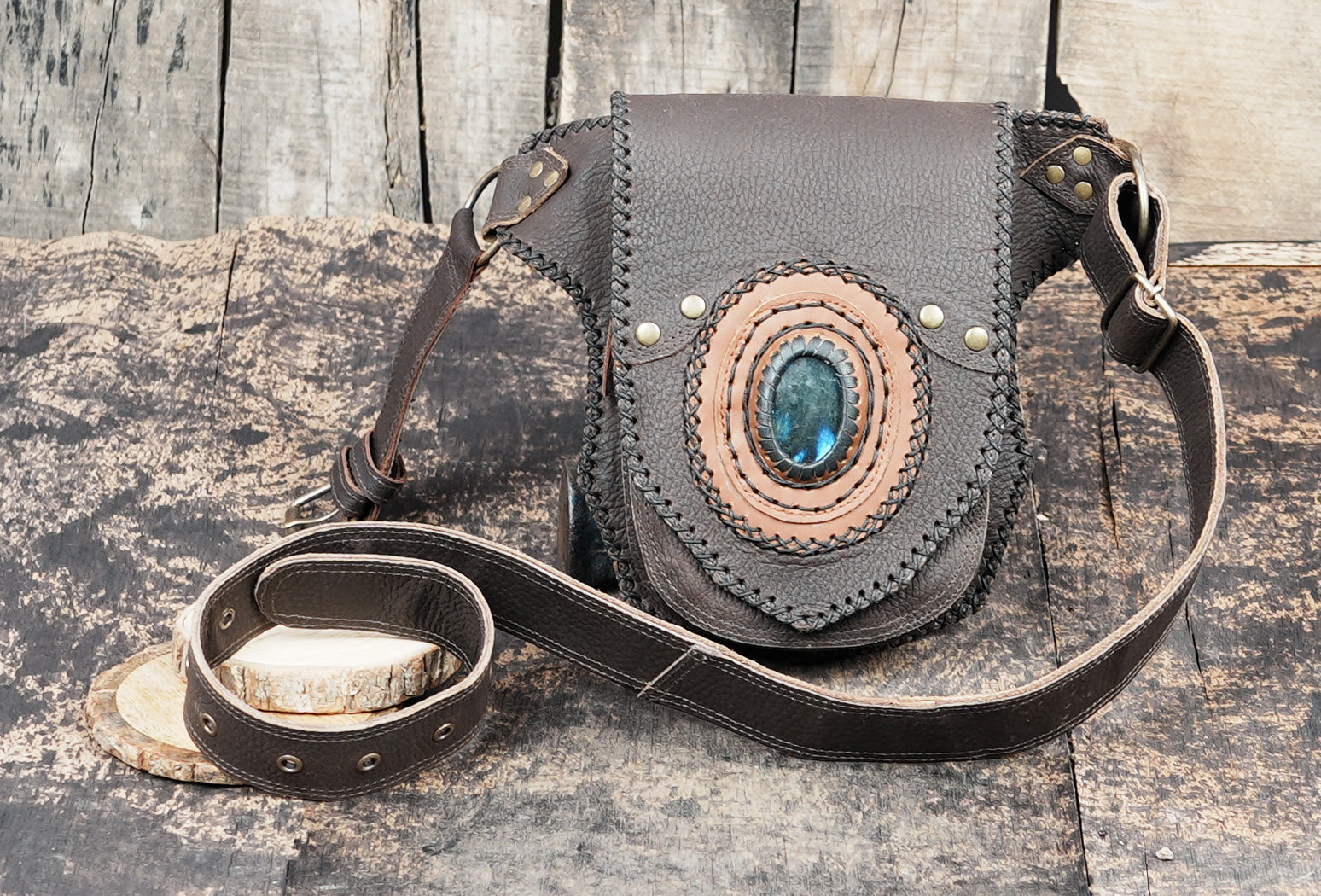 Handmade Leather Waist Belt with Front Pouch and Stone Detail || Leather Waist Belt Bag with Metal Hardware || Handmade Leather Waist Belt for Travel and Festivals (LT/AB/WB/6191)