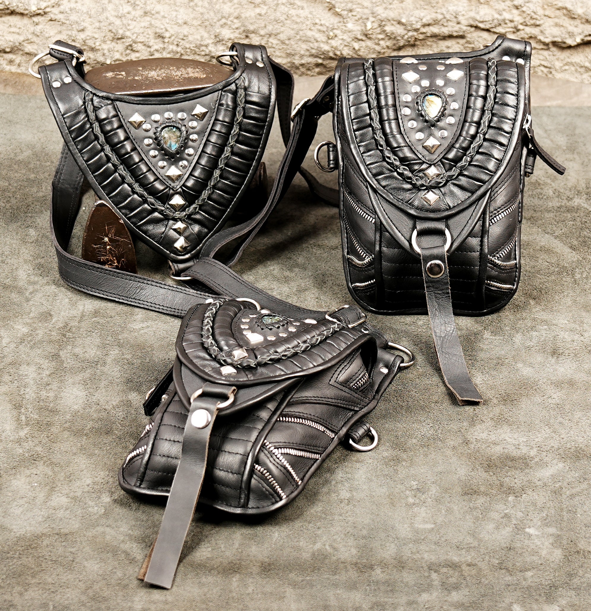 Boho festival leather thigh pouch rig with tribal studded hardware