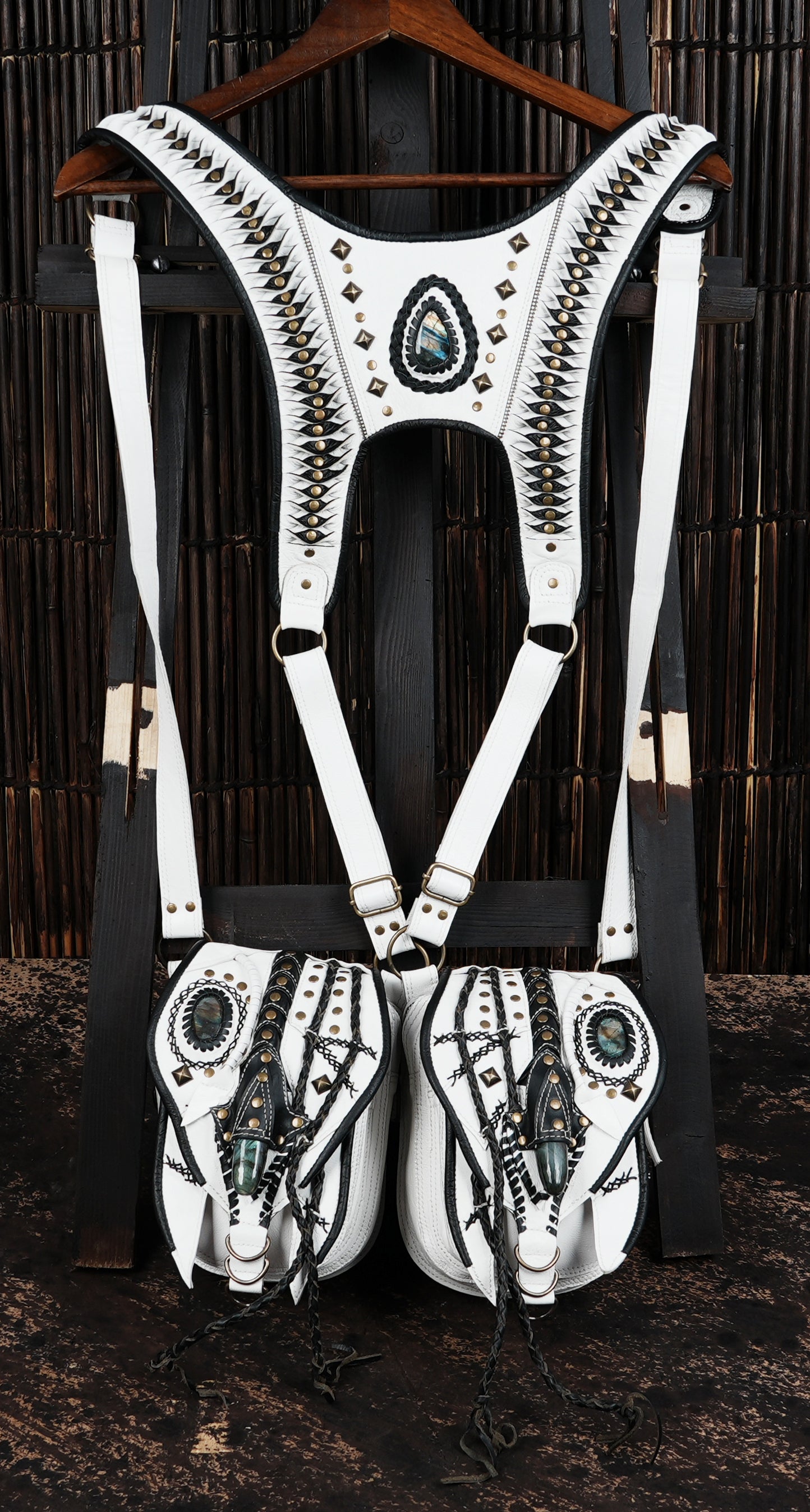 Artisan white leather dual pouch holster with stone inlays