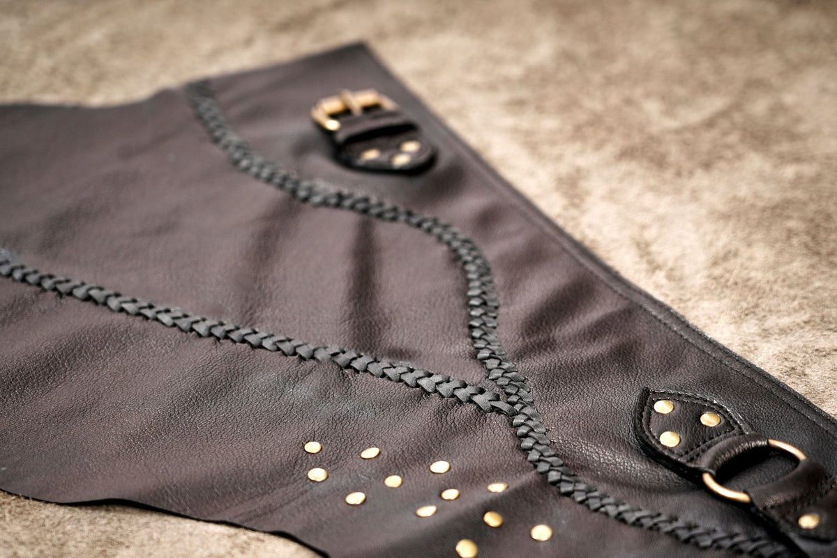 Boho festival wrap skirt with studded leather panels and belt closure