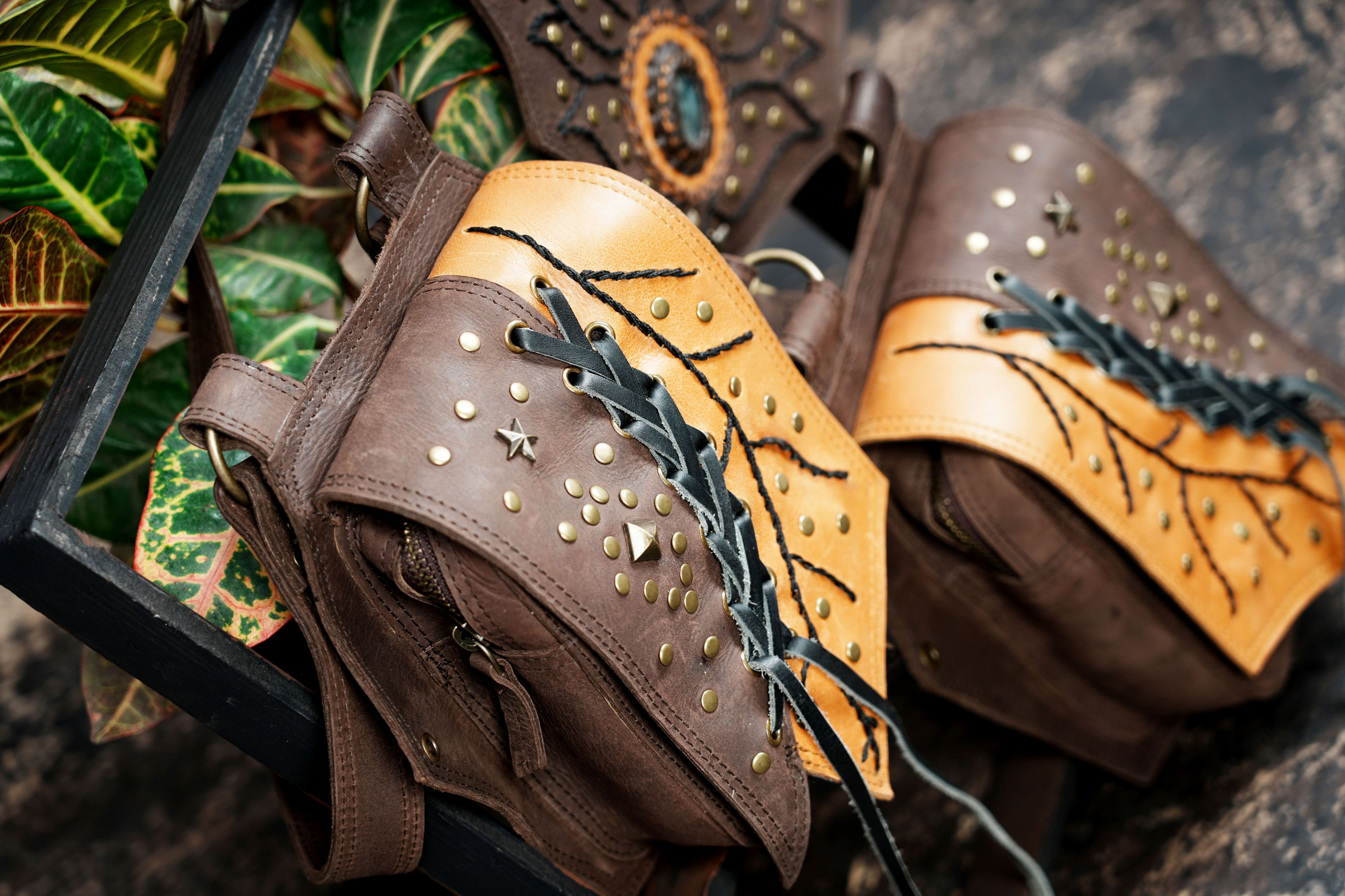 Handmade leather shoulder holster with dual pouches || Tribal leather chest rig with stud work || Travel leather utility shoulder rig (LT/AB/HLS/6060)