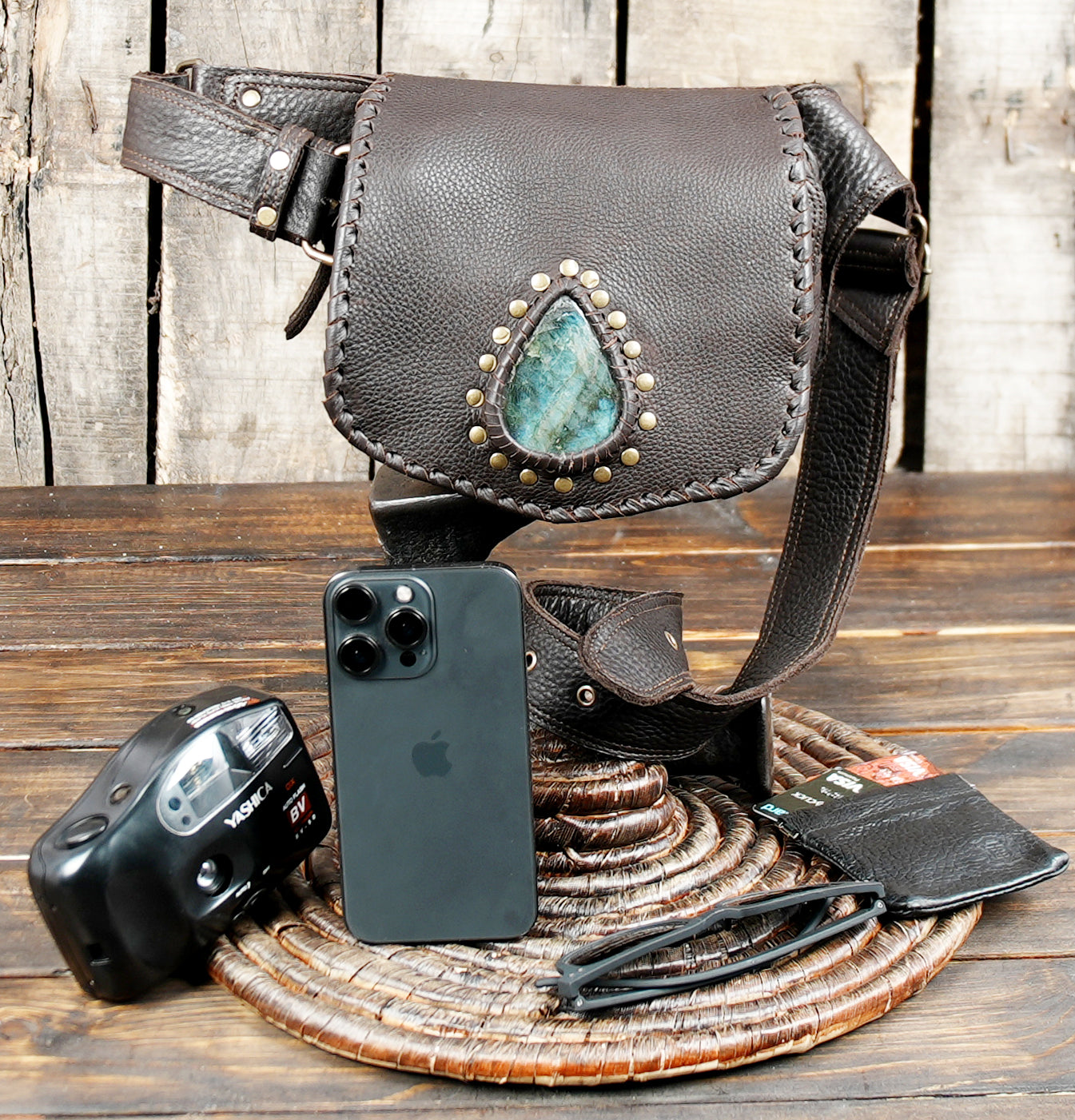 Genuine Leather Festival Belt Bag with Blue Gemstone