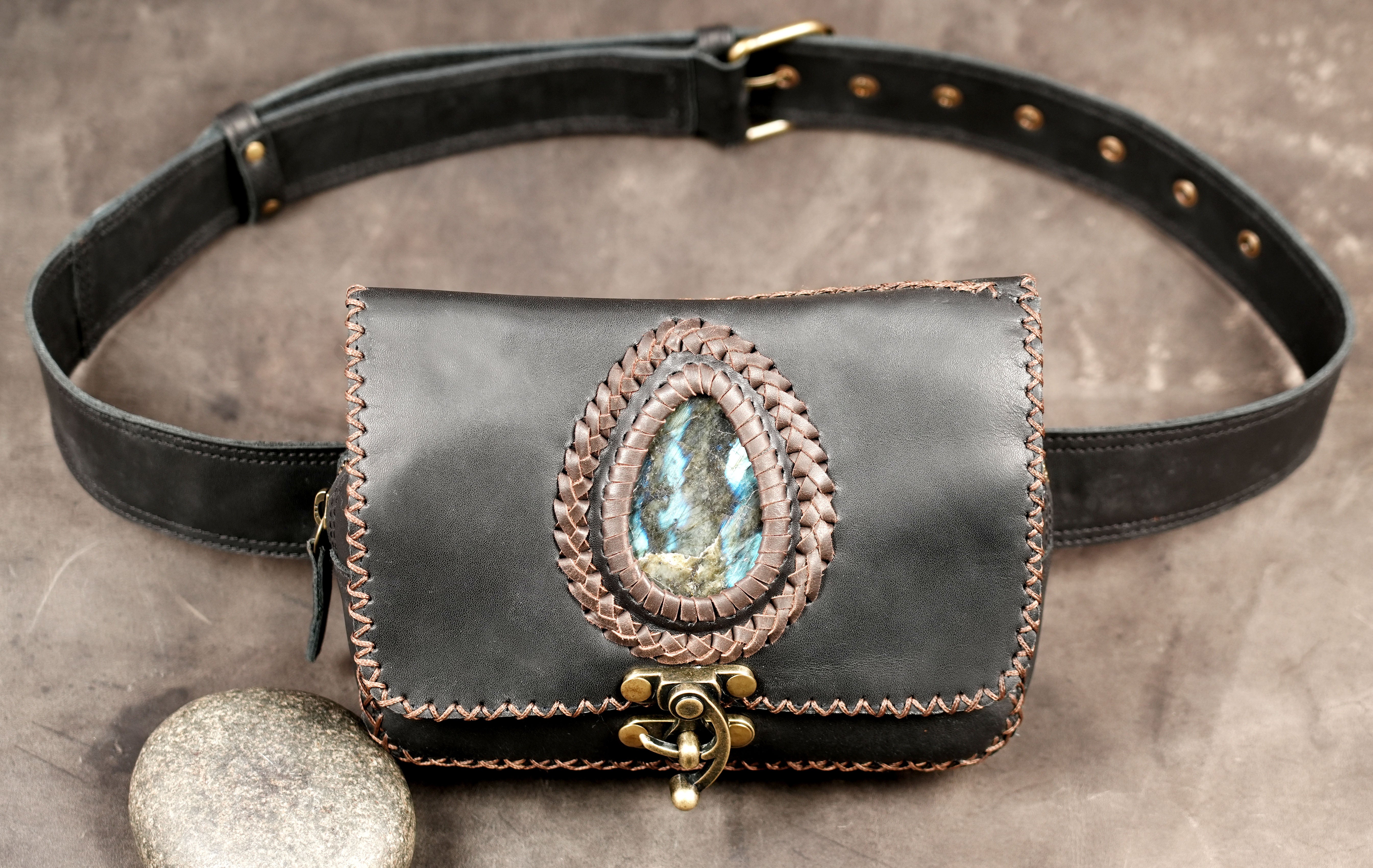 Handmade leather hip pouch with antique brass clasp