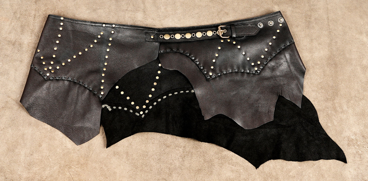 Adjustable leather festival wrap skirt with decorative buckle and studded design