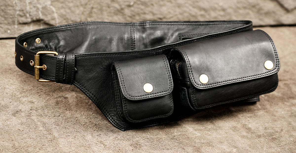 Leather utility belt with holster style multi-pockets in black