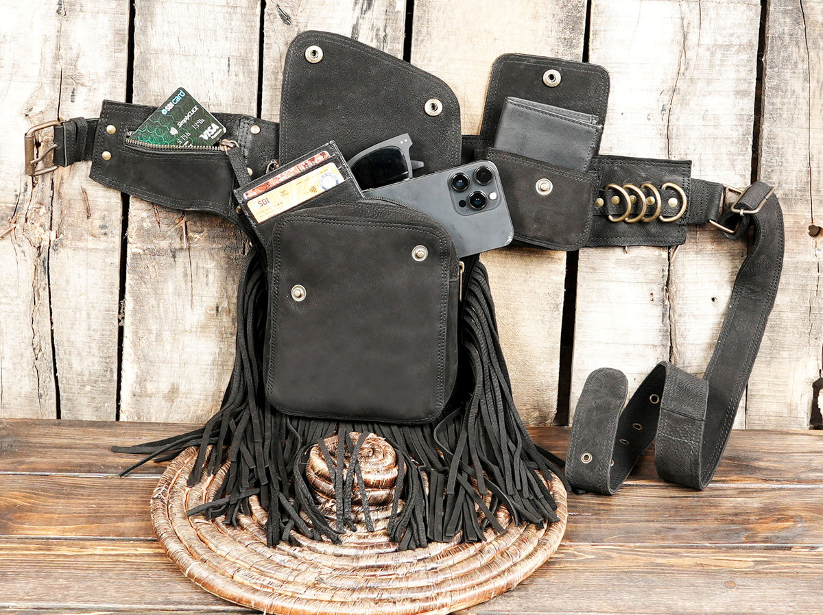 Stylish unisex black leather fringe hip bag