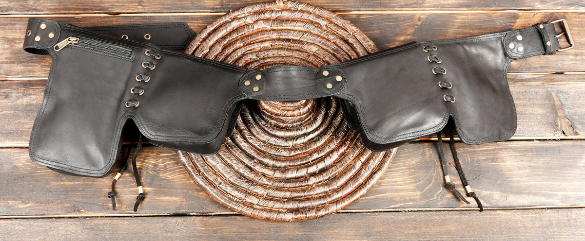 Black Leather Utility Hip Belt with Stone Accents and Brass Hardware