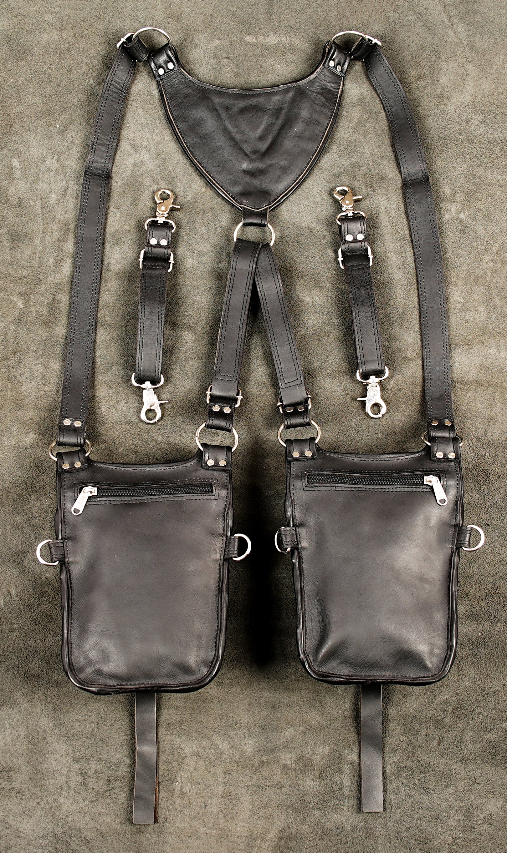 Urban techwear black leather double drop leg pouch rig