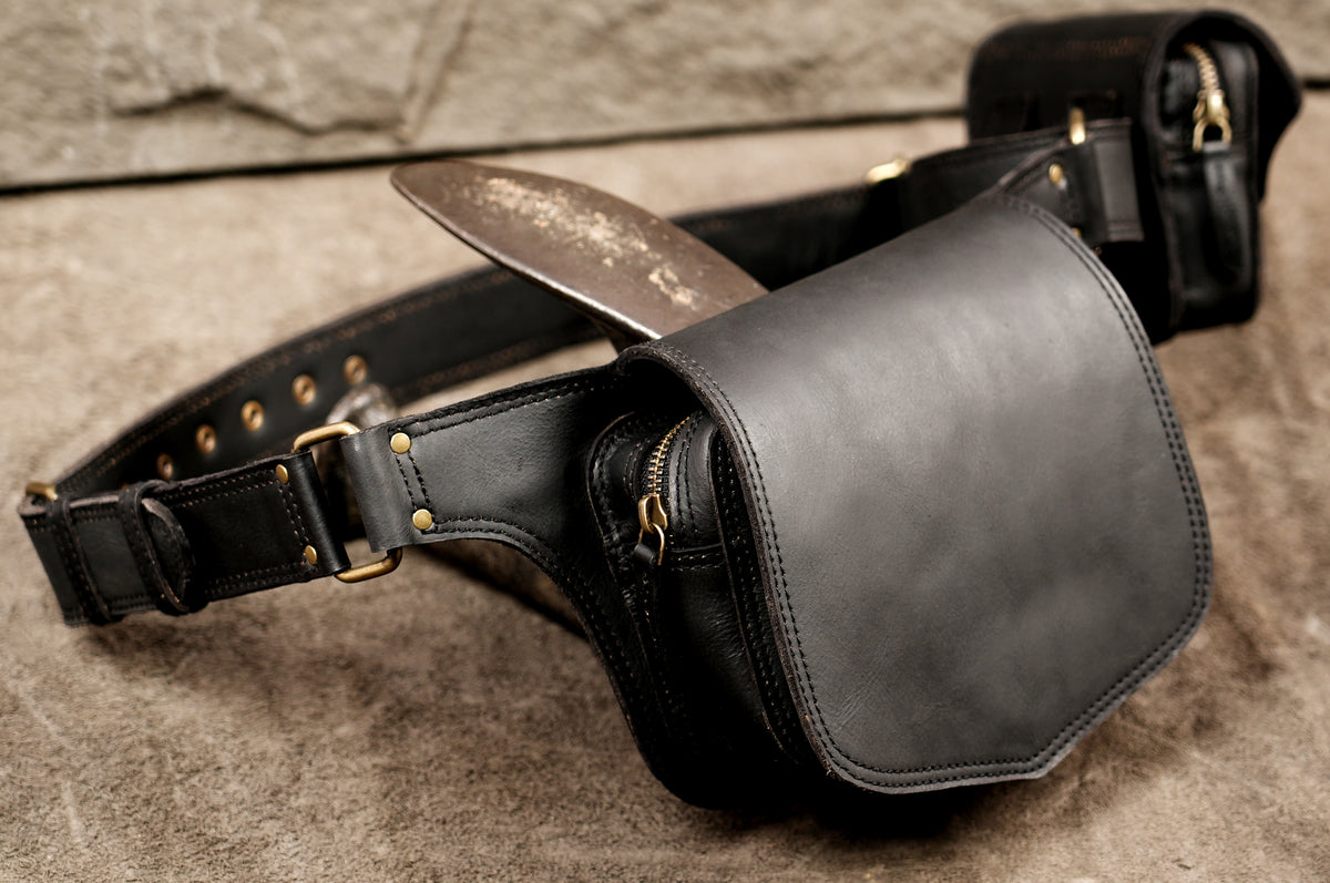 Unisex black leather tactical belt with holster-style pouches